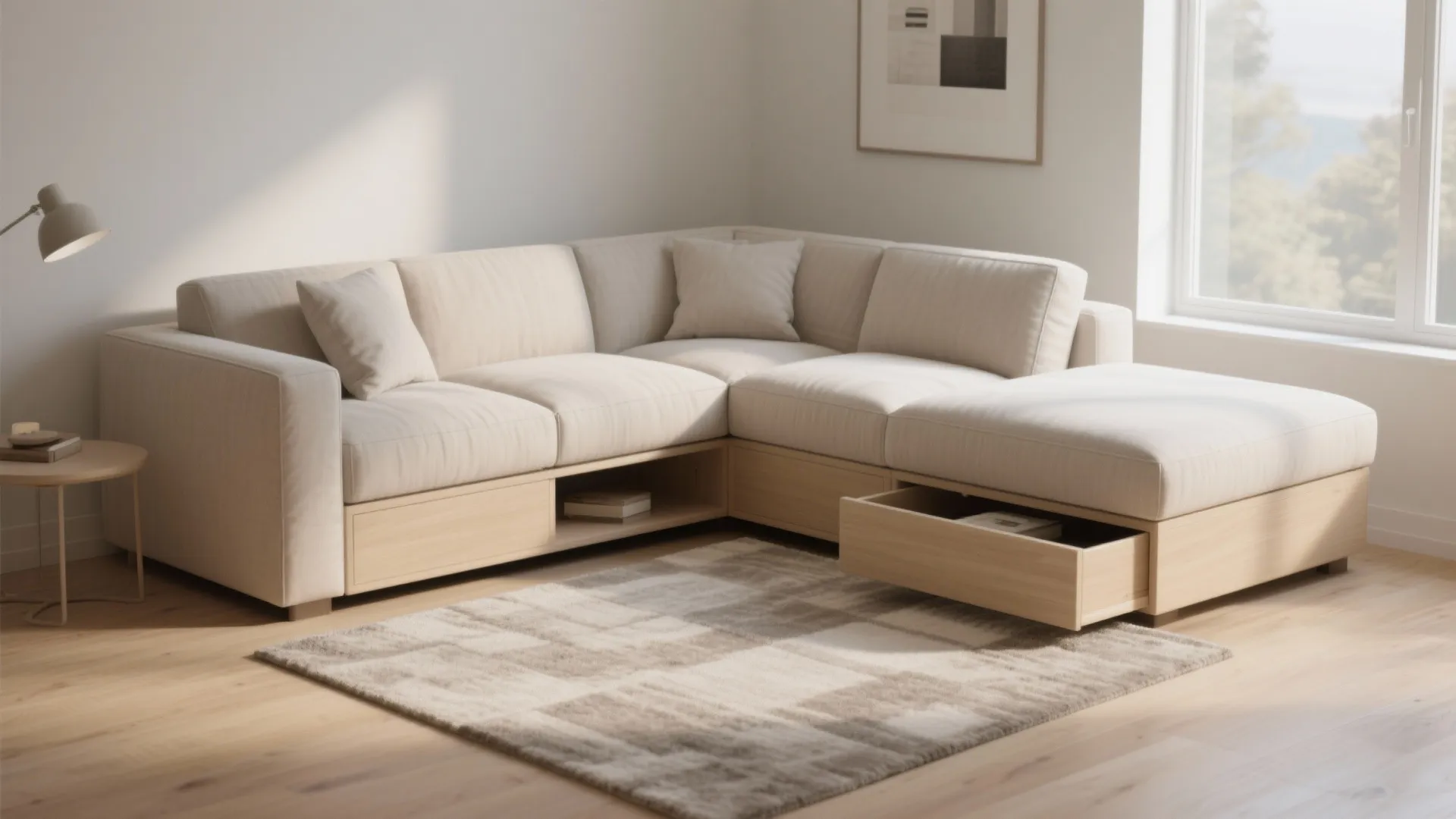 Cream corner sofa with built-in storage drawers, small side table, wall light, and large window