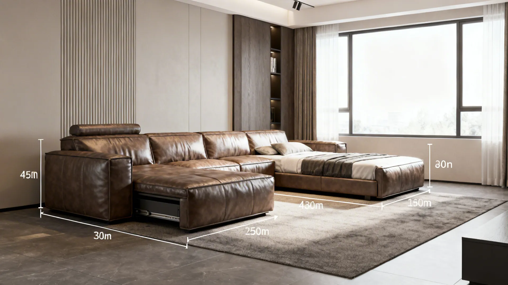 Compact leather sectional with a reversible chaise used as seating and guest bed.