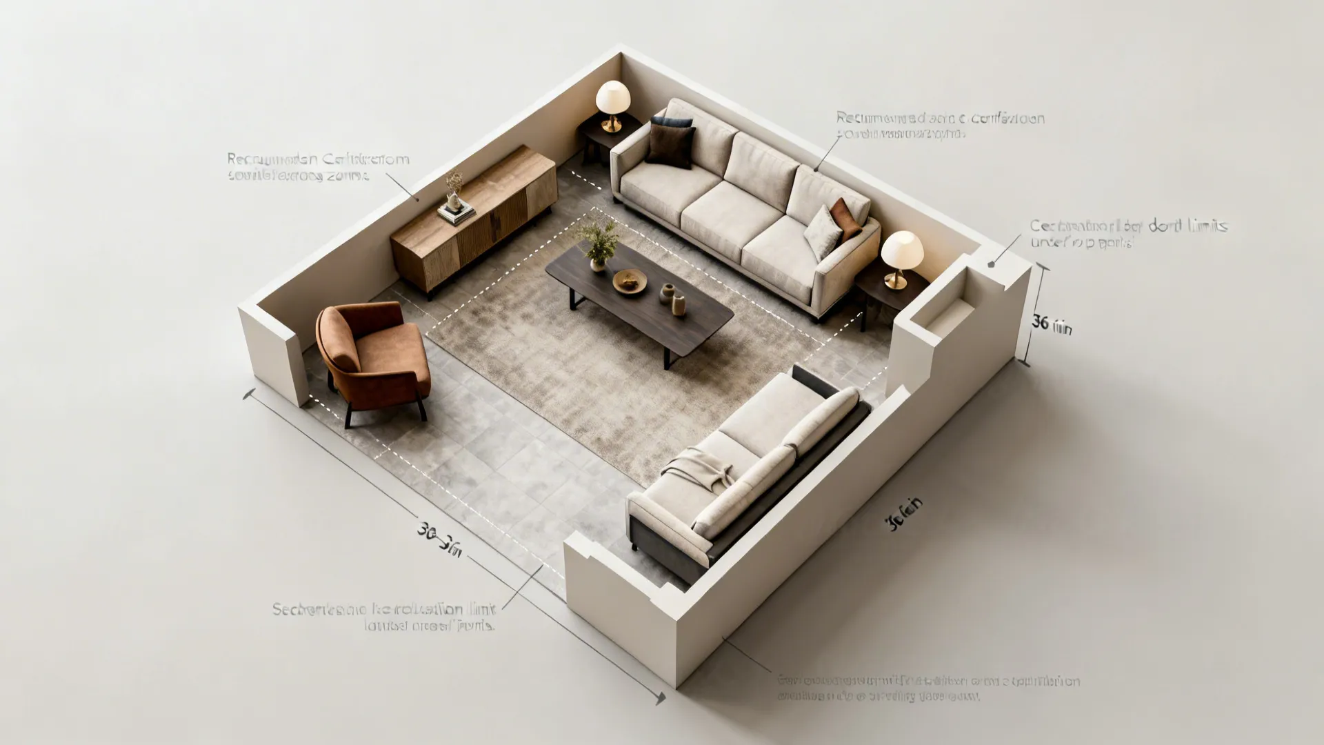Top-down floor plan showing sectional placement and 30–36 inch circulation clearances.
