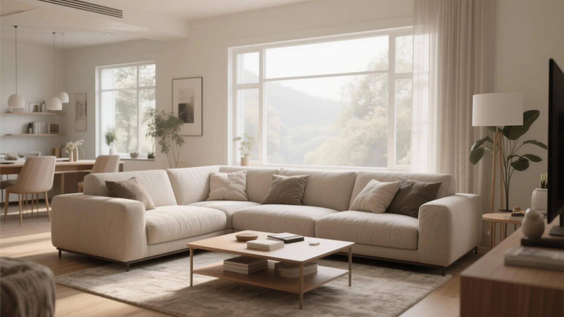 Modern open plan living room with large sofa wooden coffee table rug and bright garden view