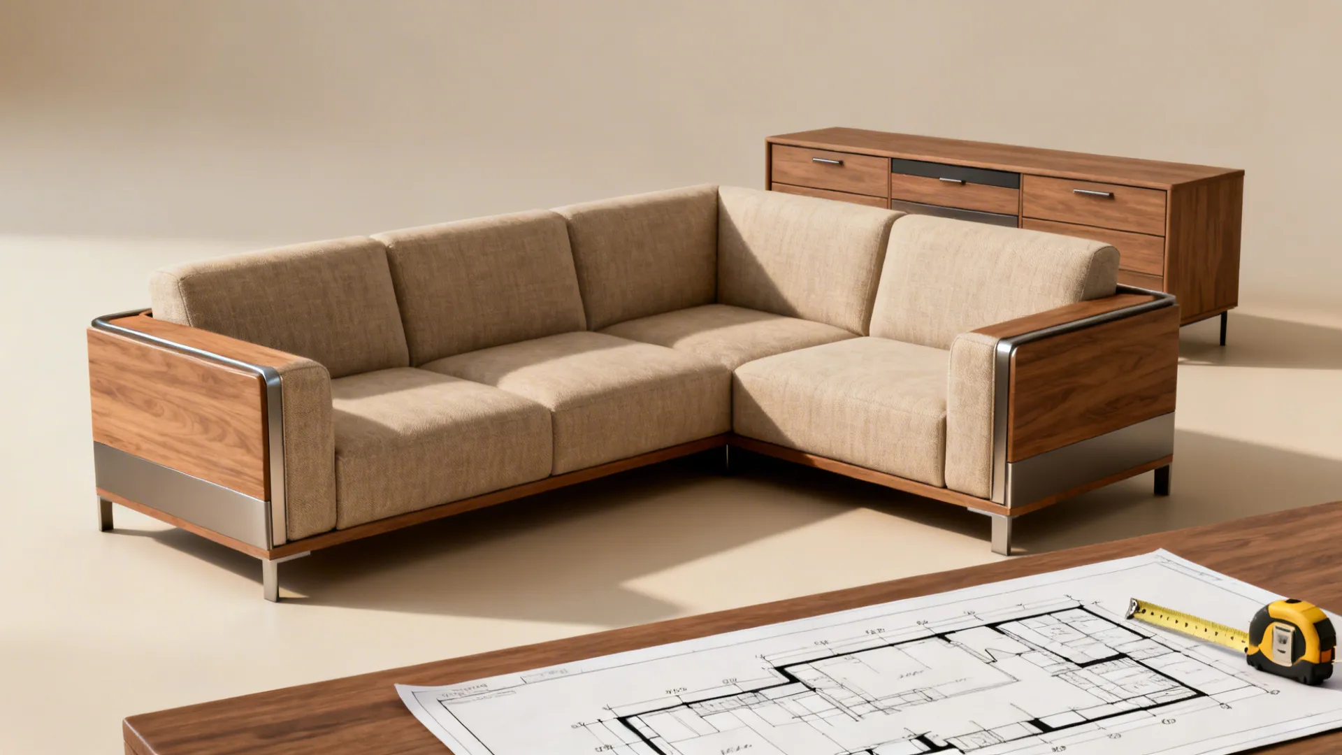 Small sectional loveseat tucked in a corner with a slim console behind for storage and organization