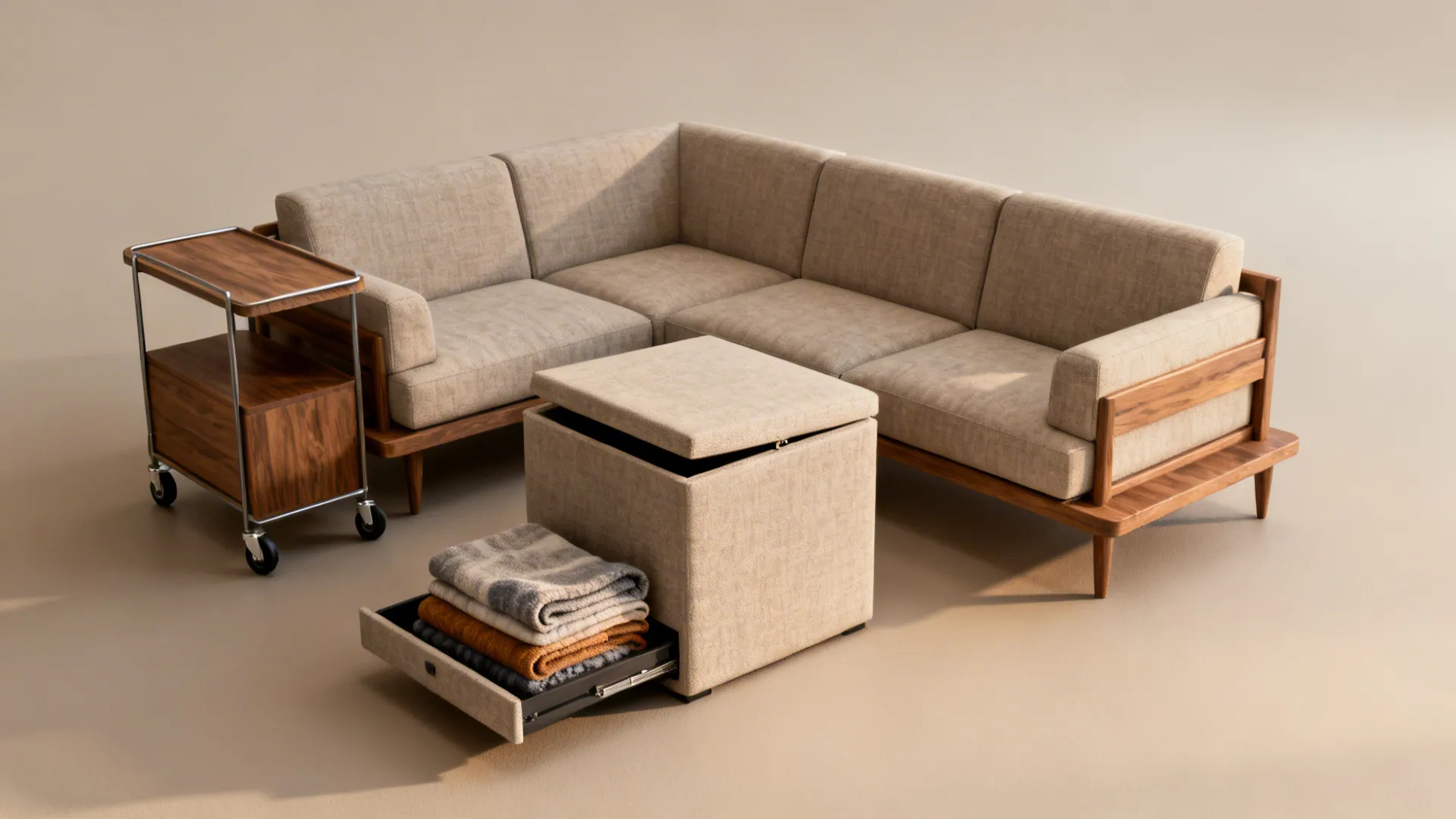 Small sectional loveseat with a cube storage ottoman and a wheeled cart table for flexibility.