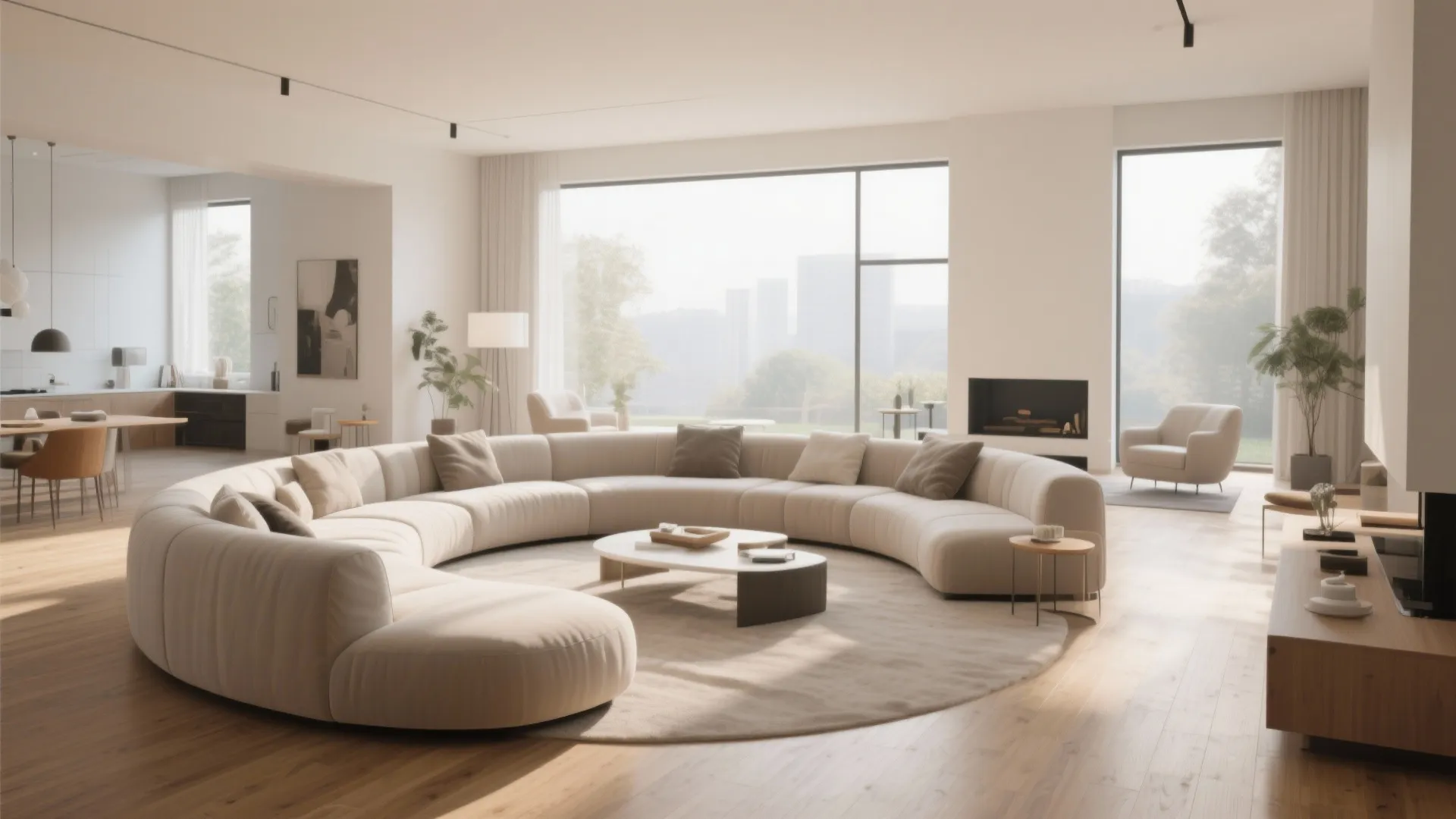 Open living space with semi-circular sectional sofa dividing areas