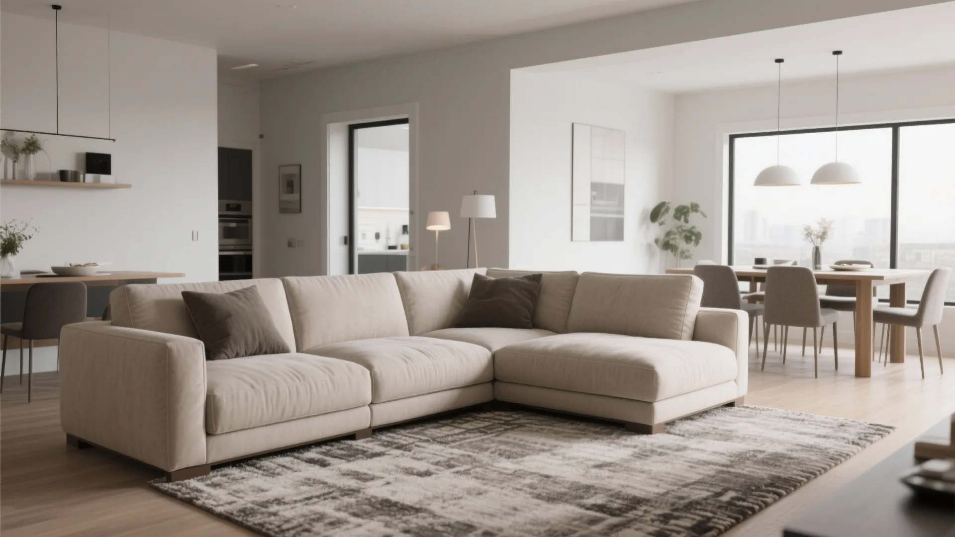 Beige l shaped sofa in open living room with dining table and white ceiling lights