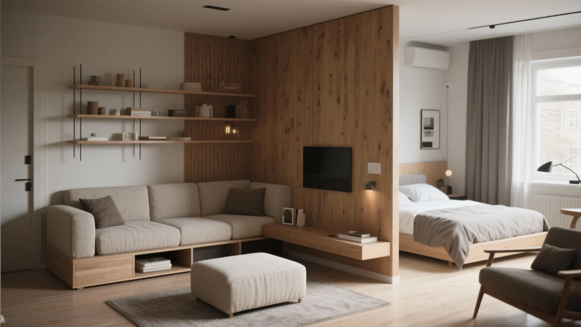 Modern studio apartment with wood wall panel separating living area sofa from cozy bedroom space