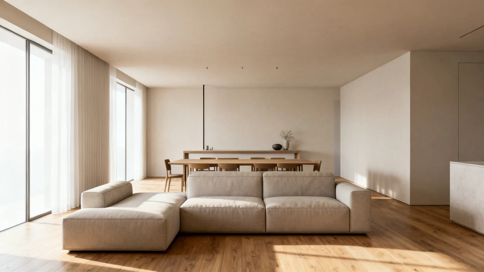 Sectional used as a room divider with a slim console behind it separating living and dining zones