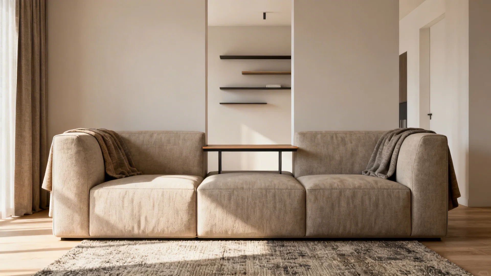 Studio apartment where a sectional divides the living area with a slim console and floating shelves behind it