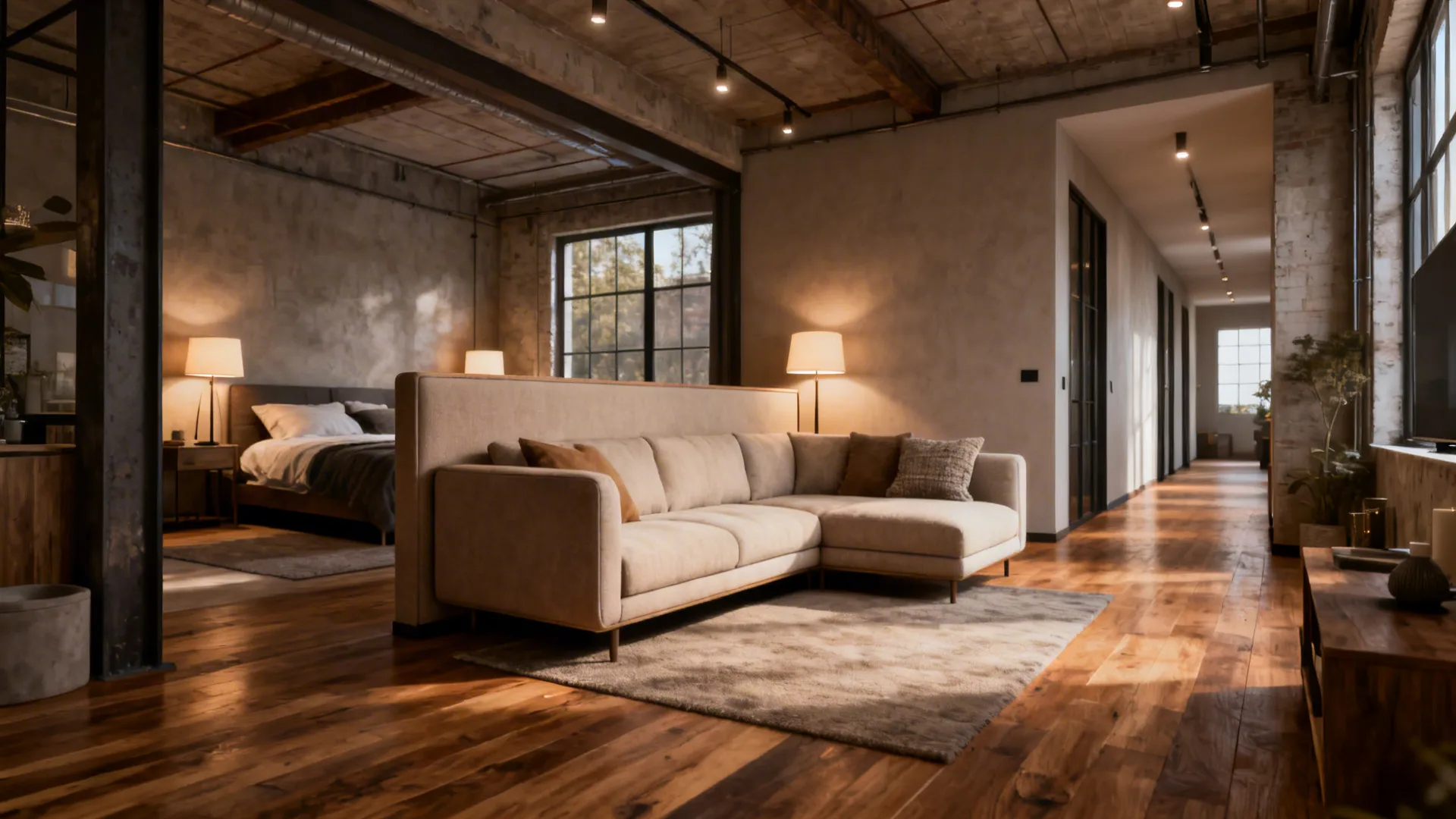 Low-back sectional dividing an open-plan loft with lamps behind it for layered lighting and a clear corridor.