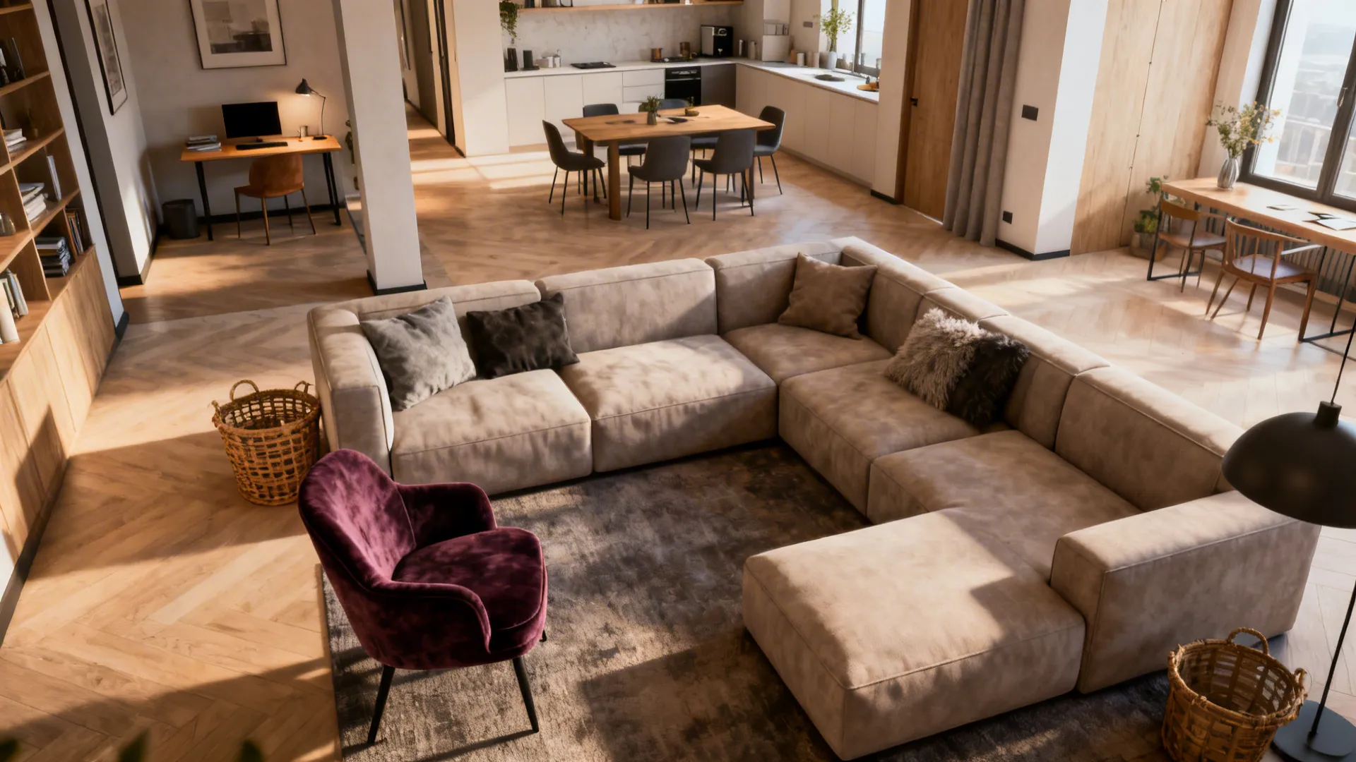 Open-plan living room where a sectional divides the living area from a small desk and dining nook.