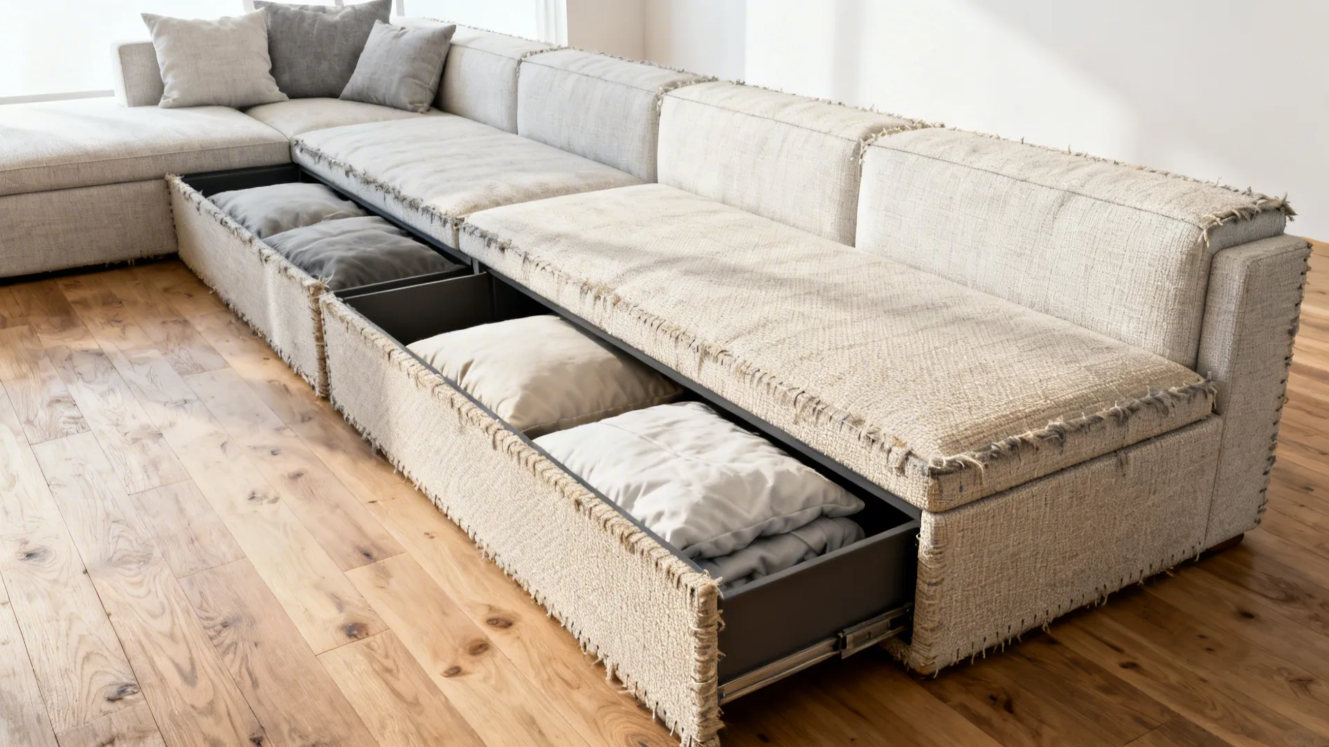 Long storage ottoman positioned at the end of a sectional sofa providing extended seating and storage.