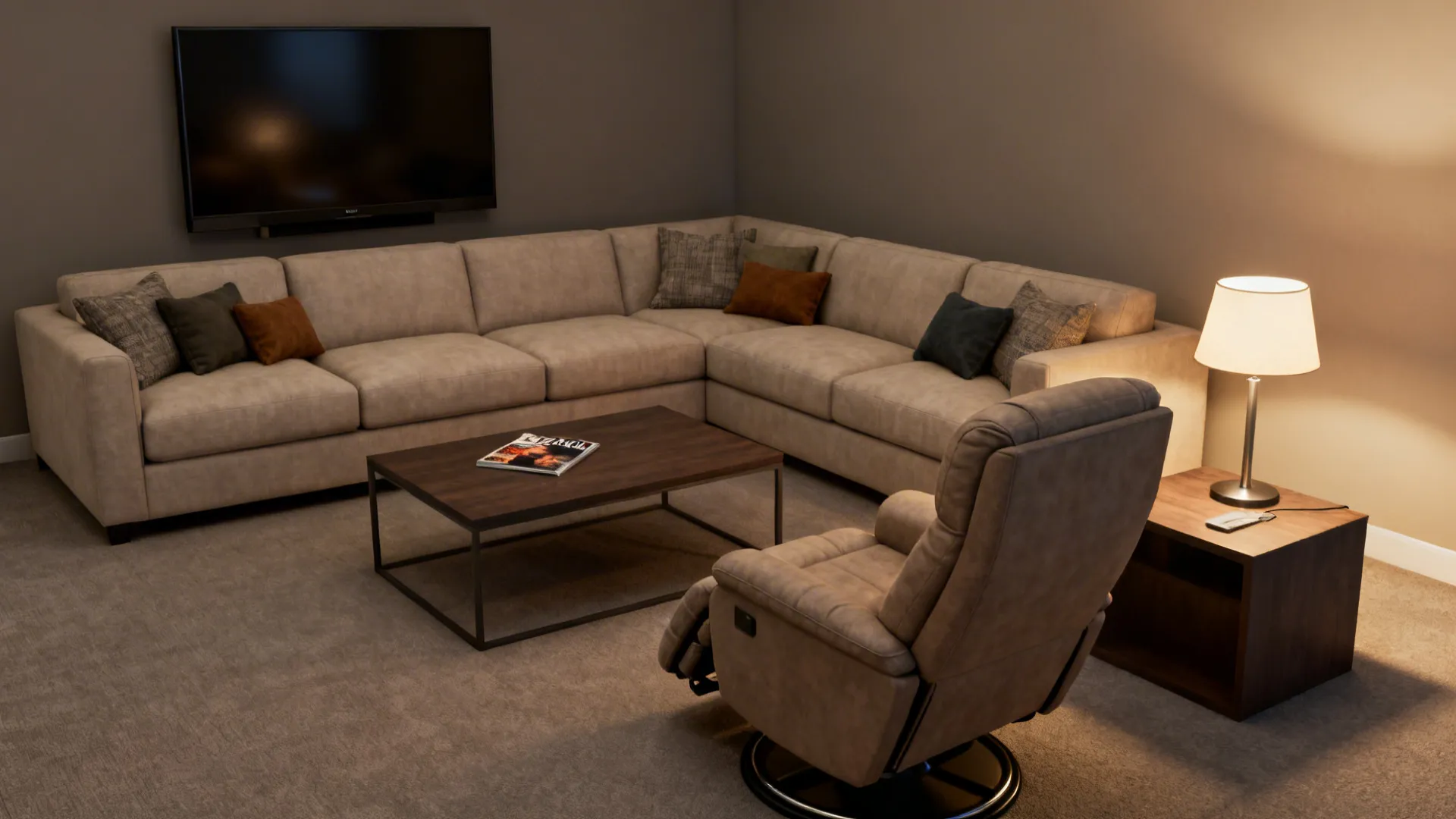 Sectional centered toward a TV with a side recliner positioned for flexible viewing and reading.