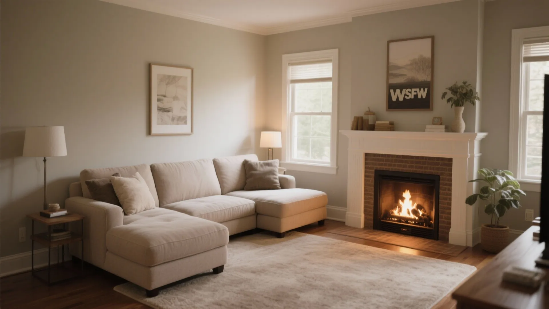 Cozy living room interior with a large sectional sofa facing a brick fireplace and windows
