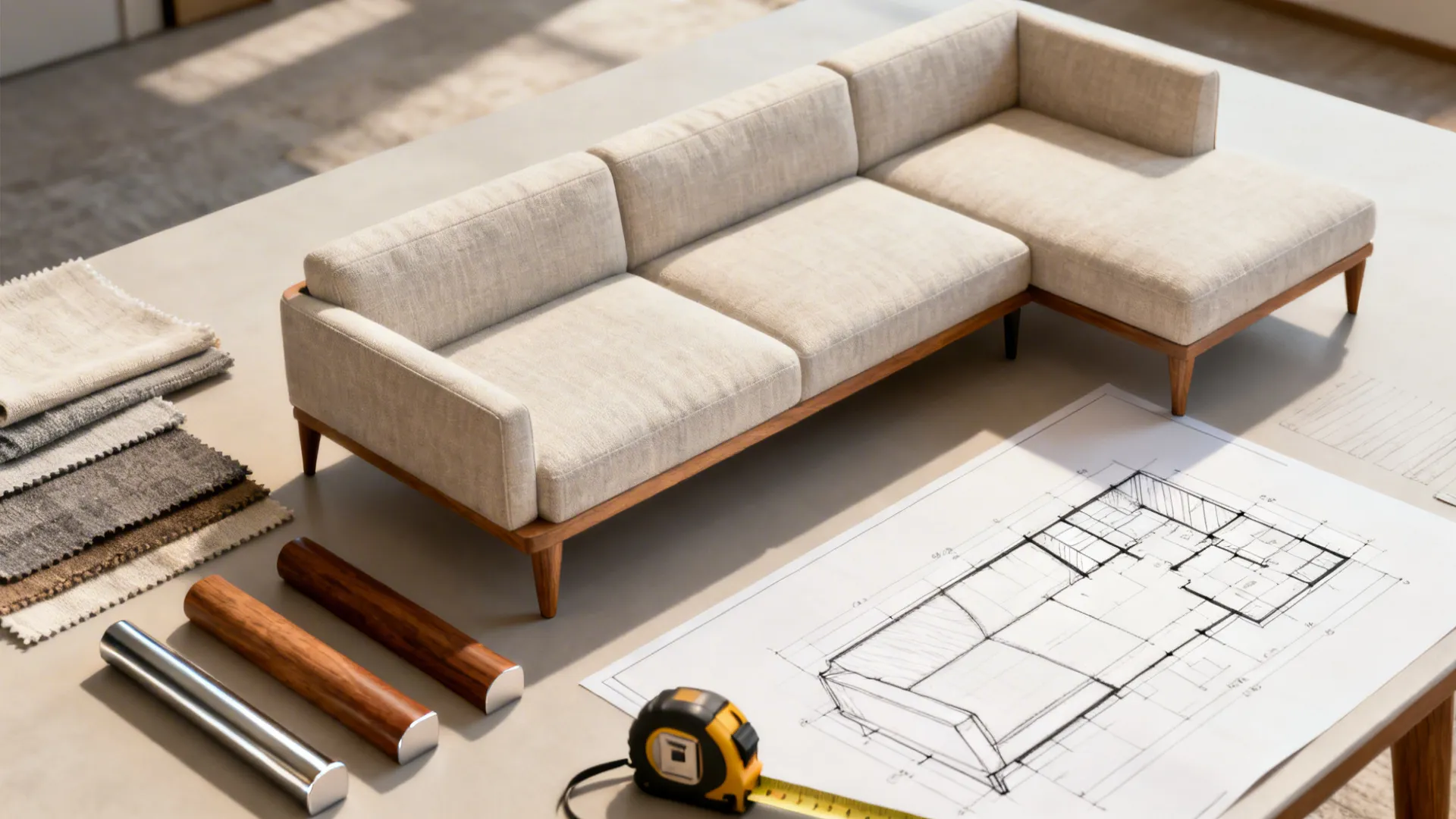 Flatlay of fabric swatches, leg samples, tape measure and floor plan sketches for sectional planning