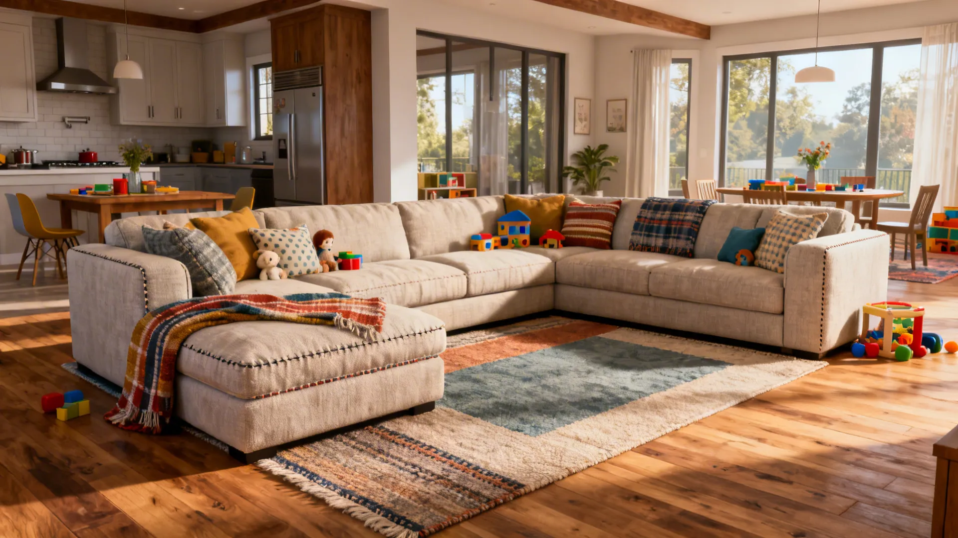 Family room with L-shaped sectional, showing full footprint and traffic clearances.
