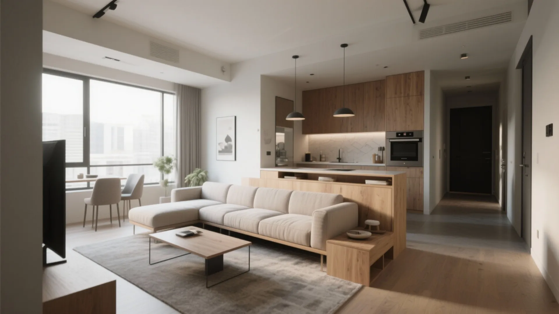 Modern open plan living room featuring large sofa wood cabinets kitchen area and natural light