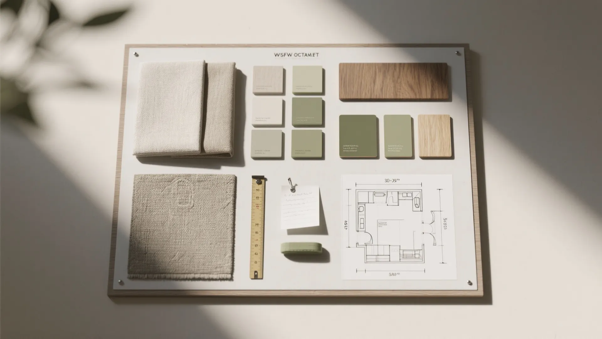 Interior design mood board with fabric swatches green color tiles wood samples and floor plan