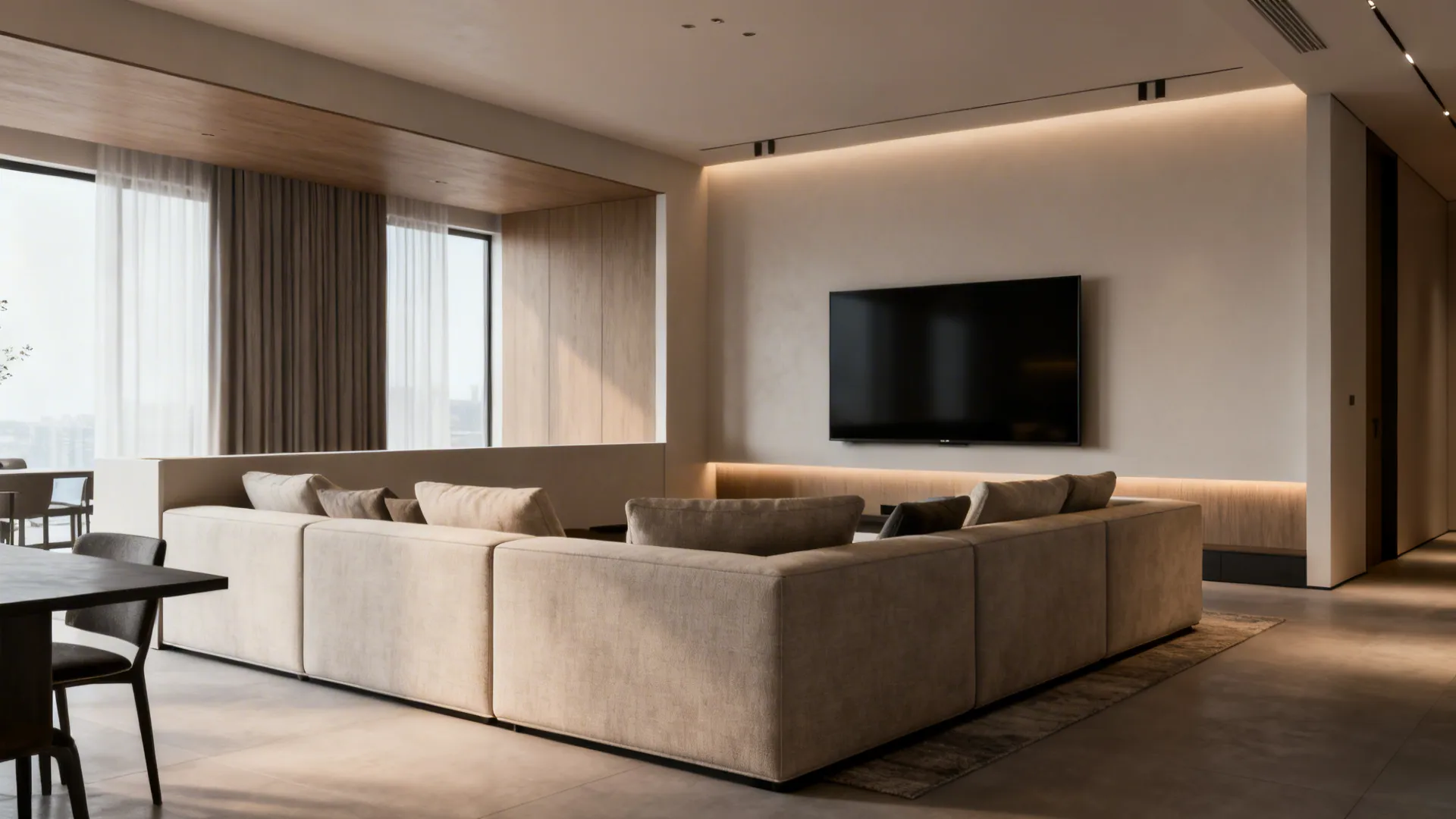 Shallow sectional used as an invisible wall framing the living area with TV on the opposite wall.