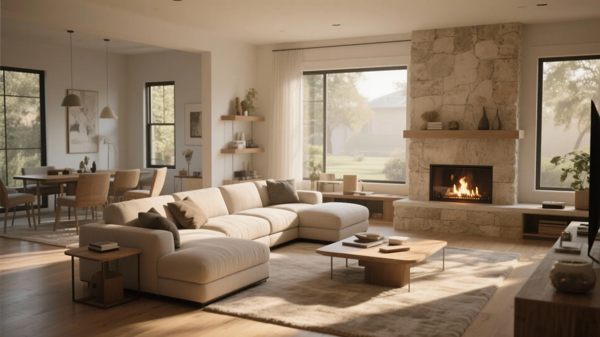 Spacious living room with large cream sofa near a stone fireplace and wooden dining table