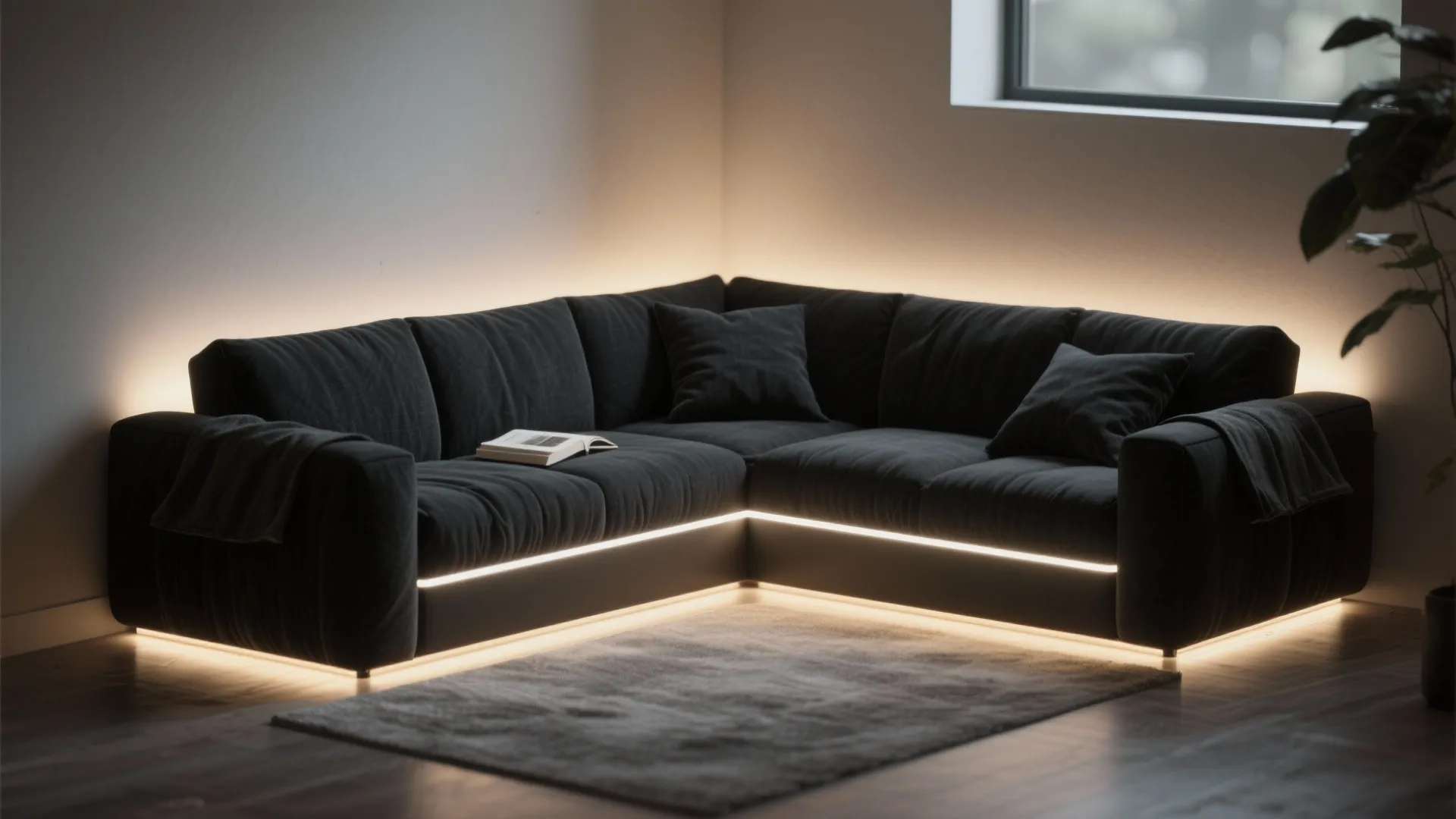 5. Black Sectional with Built-in Lighting