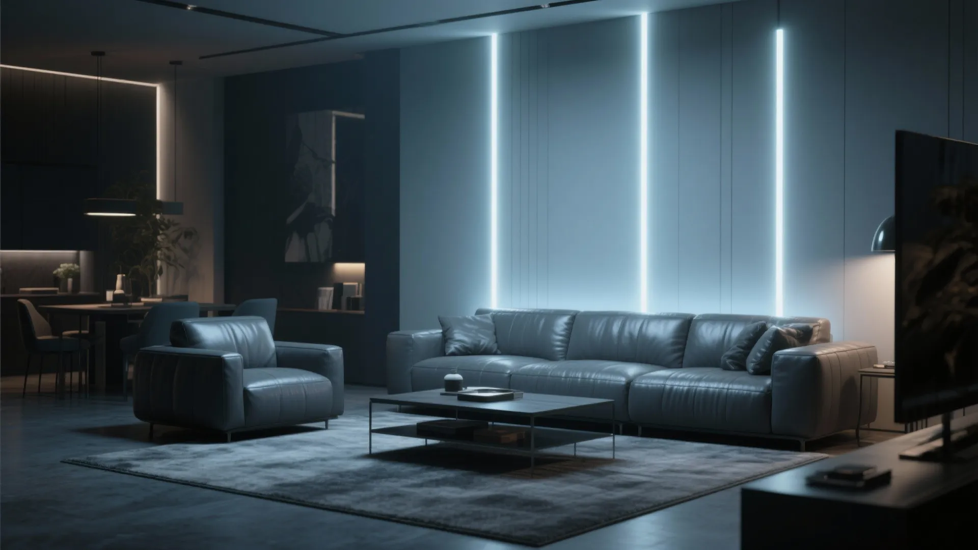 Dark living room featuring leather sofa set with vertical light strips on wall and coffee table