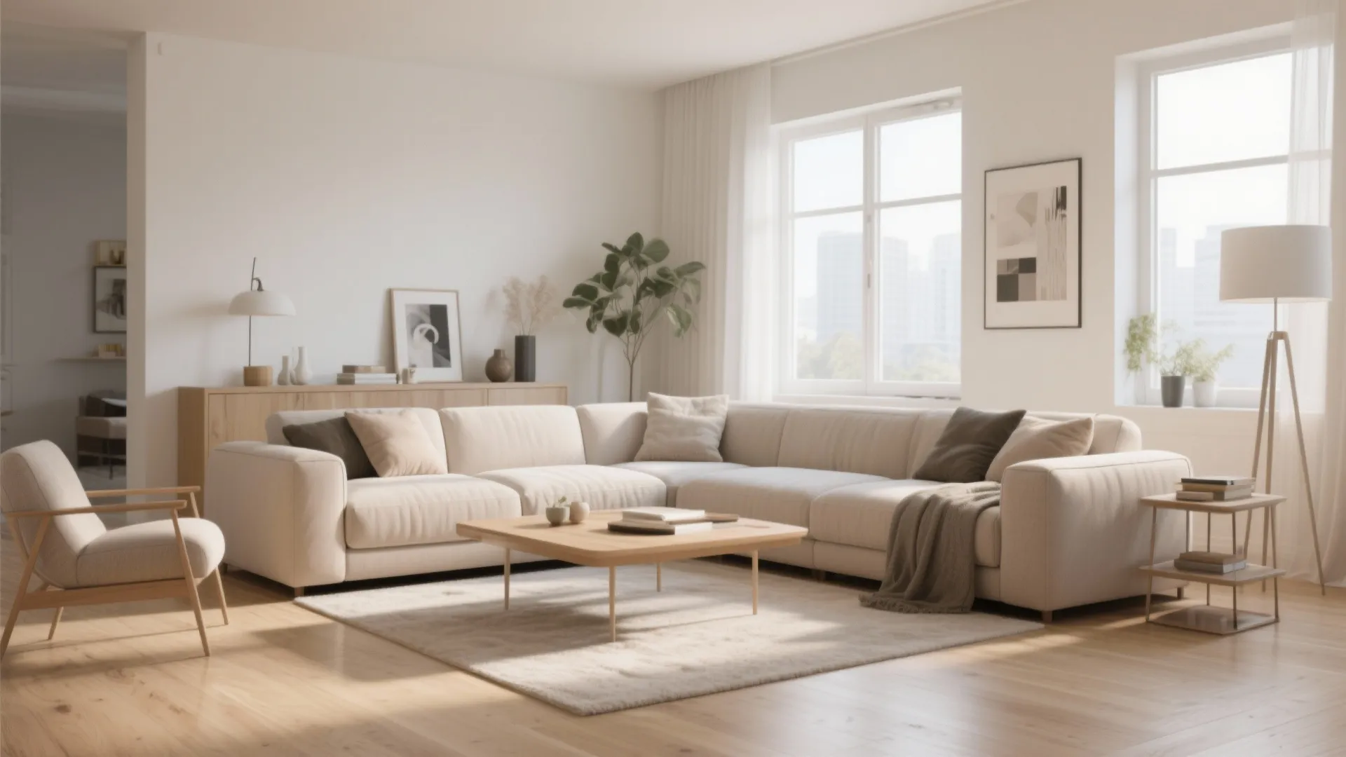 Bright living room with large cream sectional sofa, wooden coffee table, armchair, and white lamp