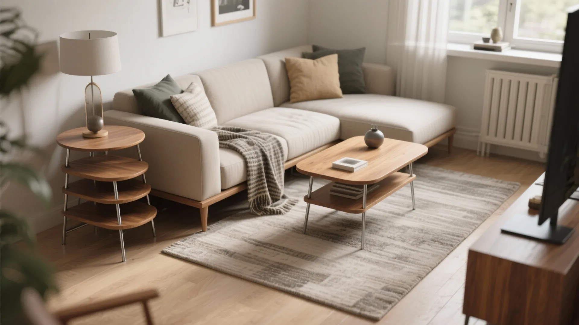 3. Compact Sectional, Side Table, Nesting Tables