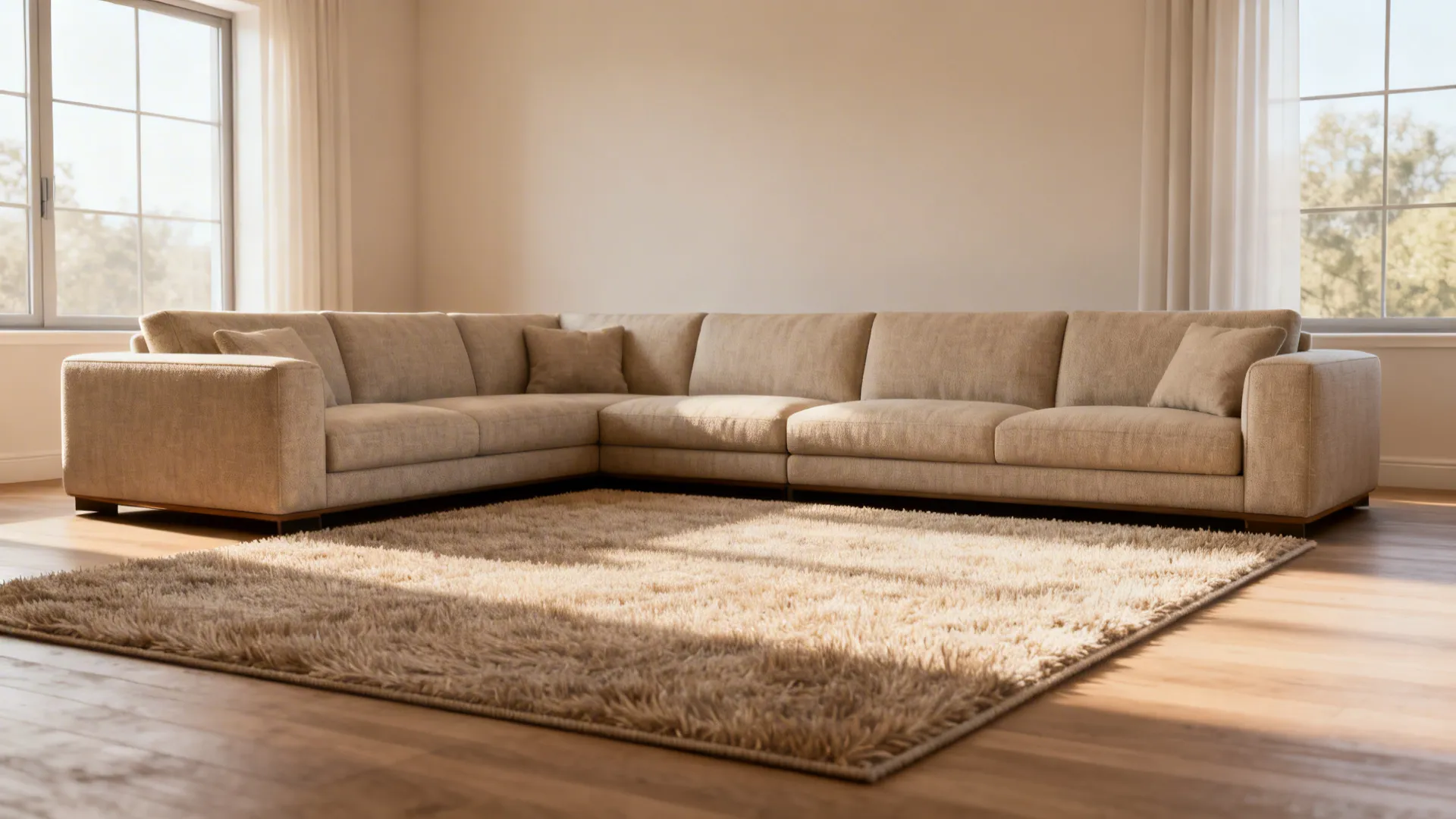 L-shaped sectional with an 8x10 rug centered under the main seating area to balance the room.
