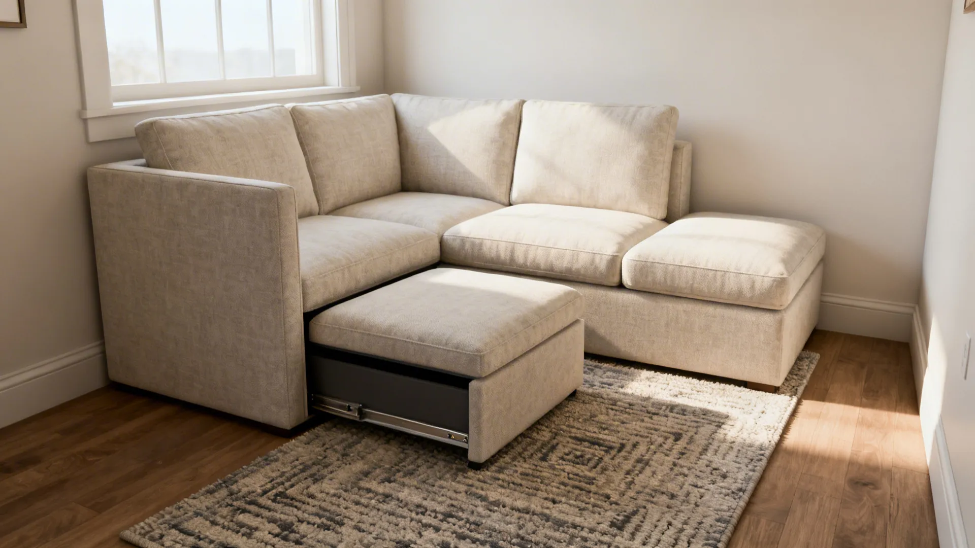 Corner sectional loveseat with ottoman serving as storage in a space-saving setup.