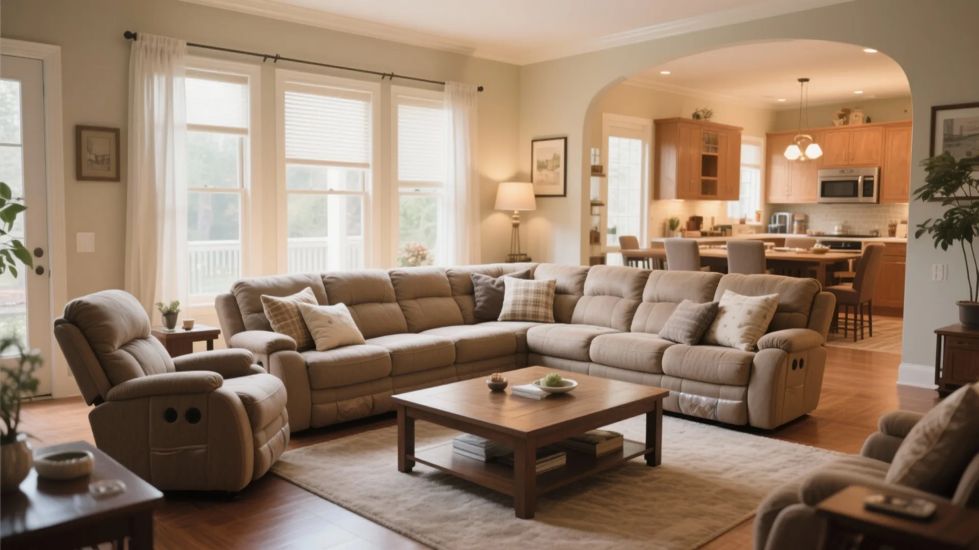 Large sectional sofa with built-in recliners in family room