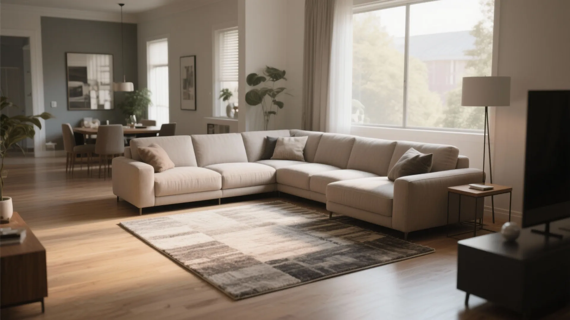 Large grey sofa on a patterned rug in a modern living room with natural light