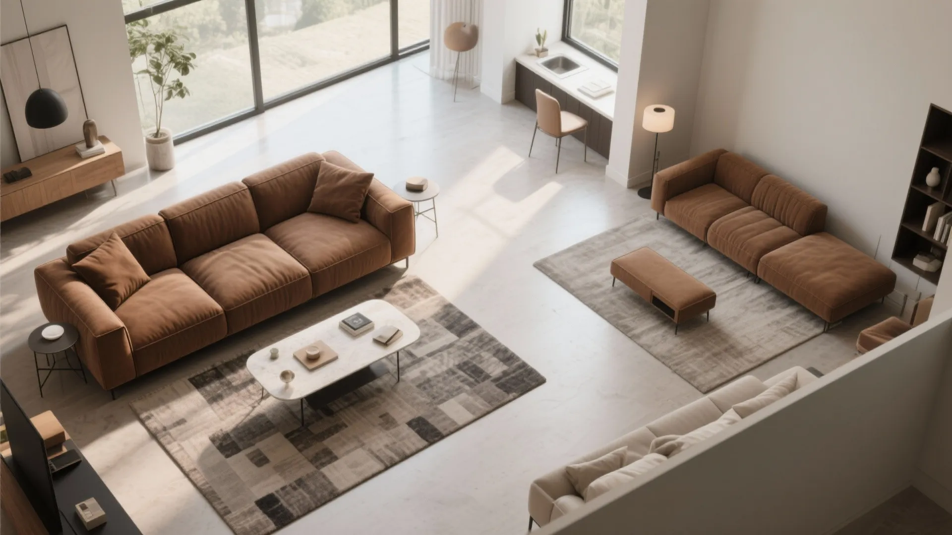 Two layout options showing L-shaped and narrow chaise brown sectionals with rugs defining zones
