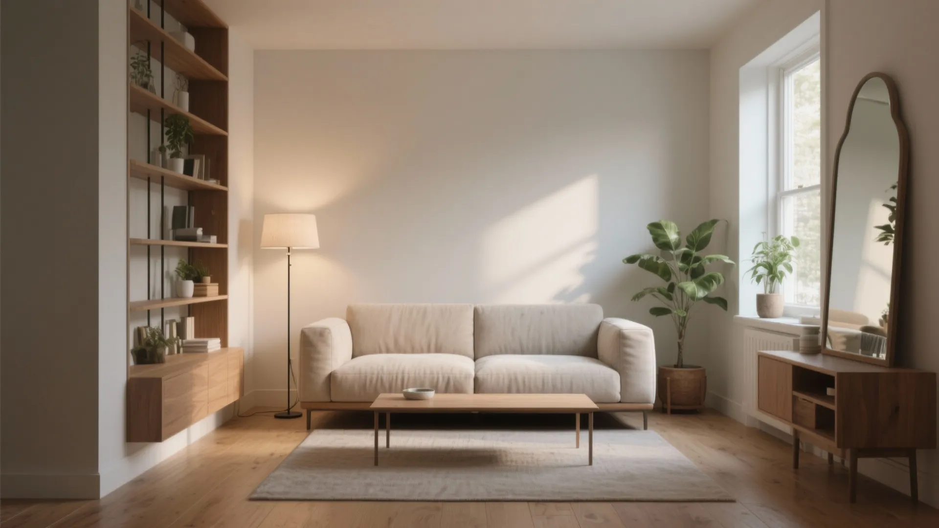 Beige sofa with wooden coffee table on rug with floor lamp and tall wood bookshelf