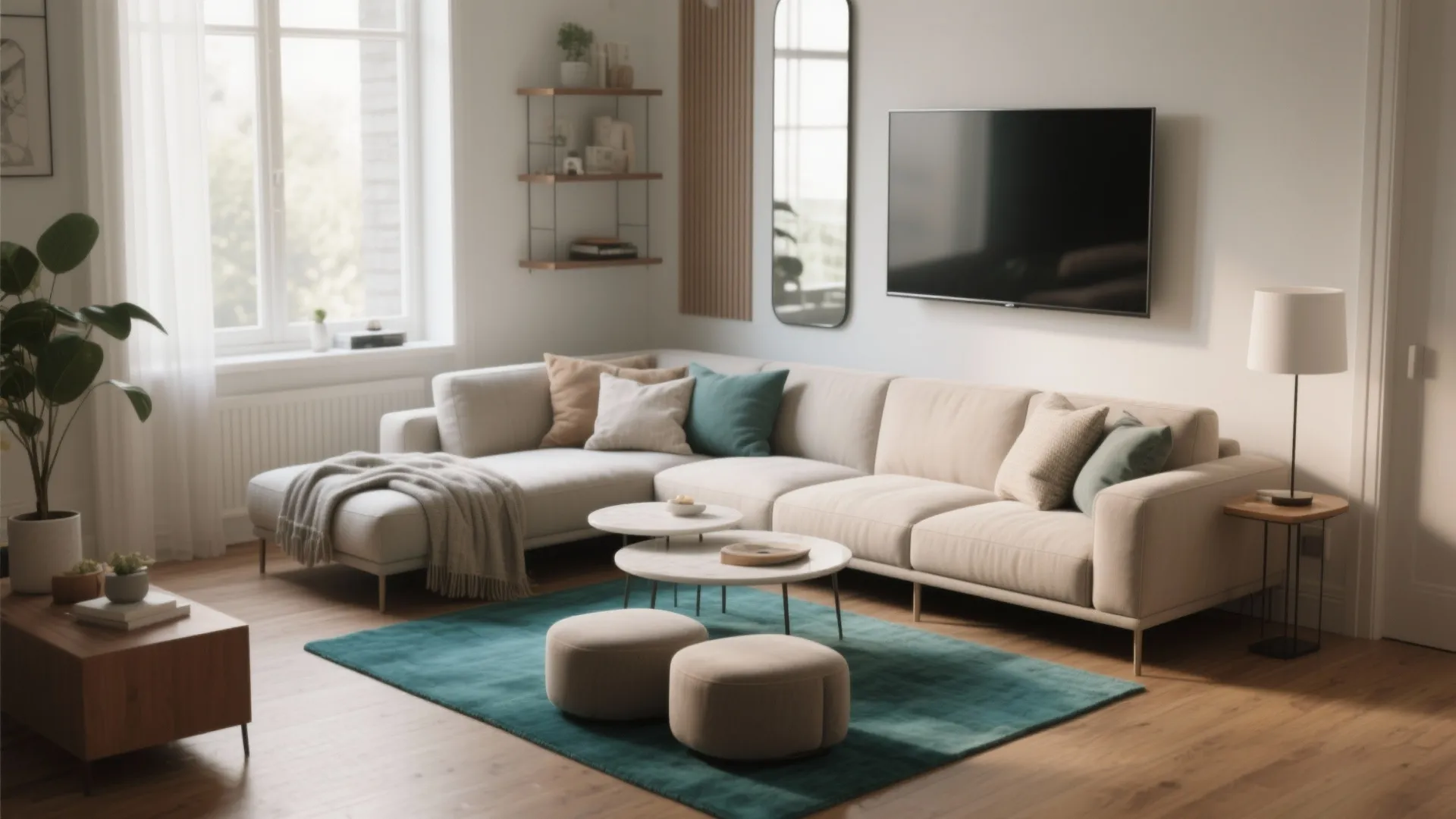 Light living room featuring a beige corner sofa green rug round coffee tables and window