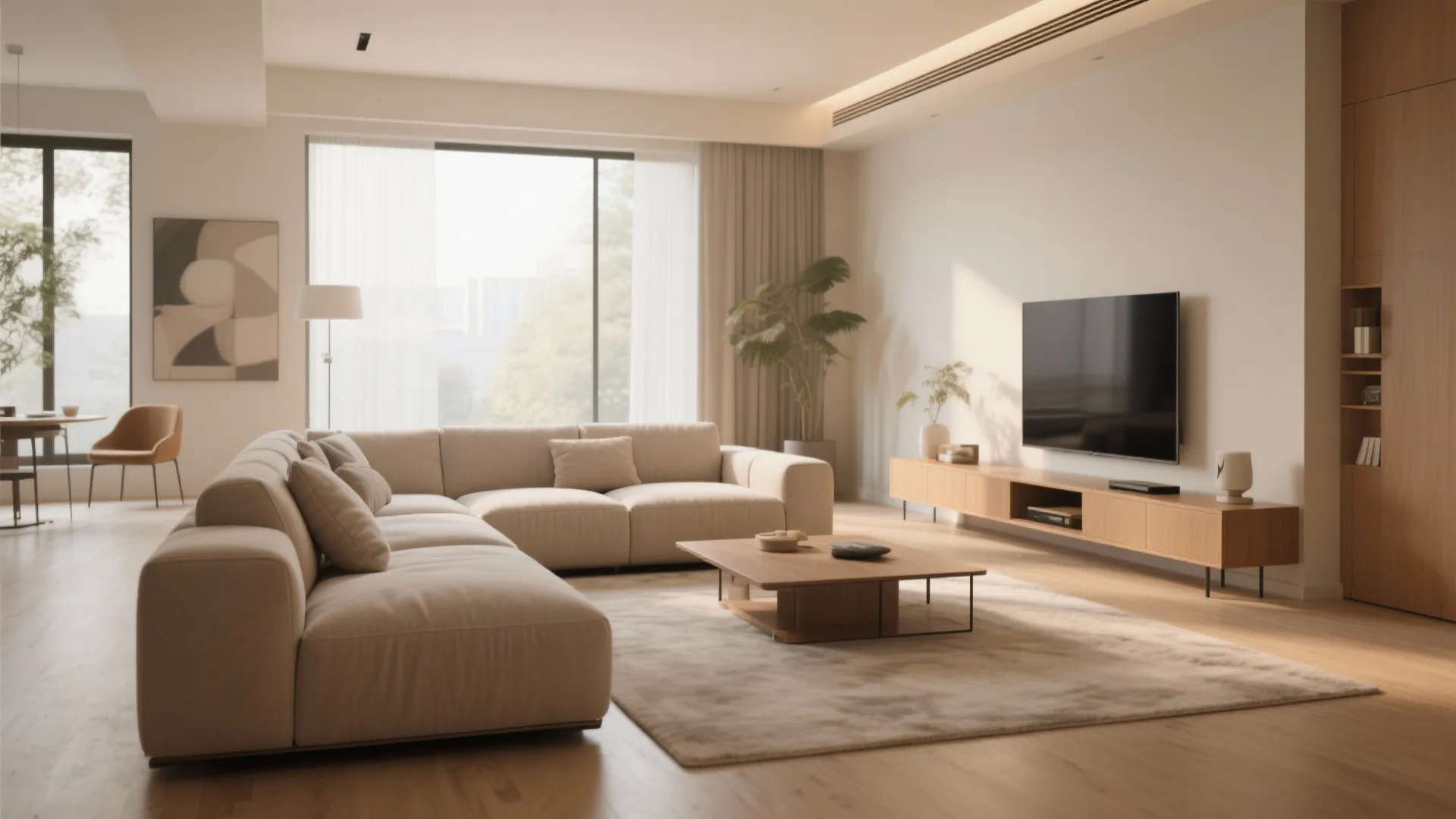 Modern living room featuring beige sofa wooden coffee table television on cabinet and bright windows