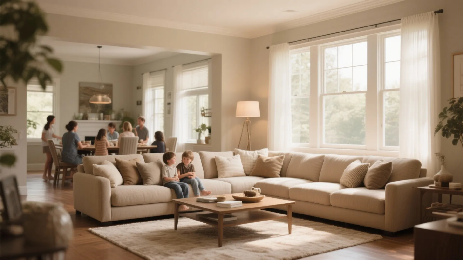 Large beige sofa in living room with kids sitting and family in background dining area space