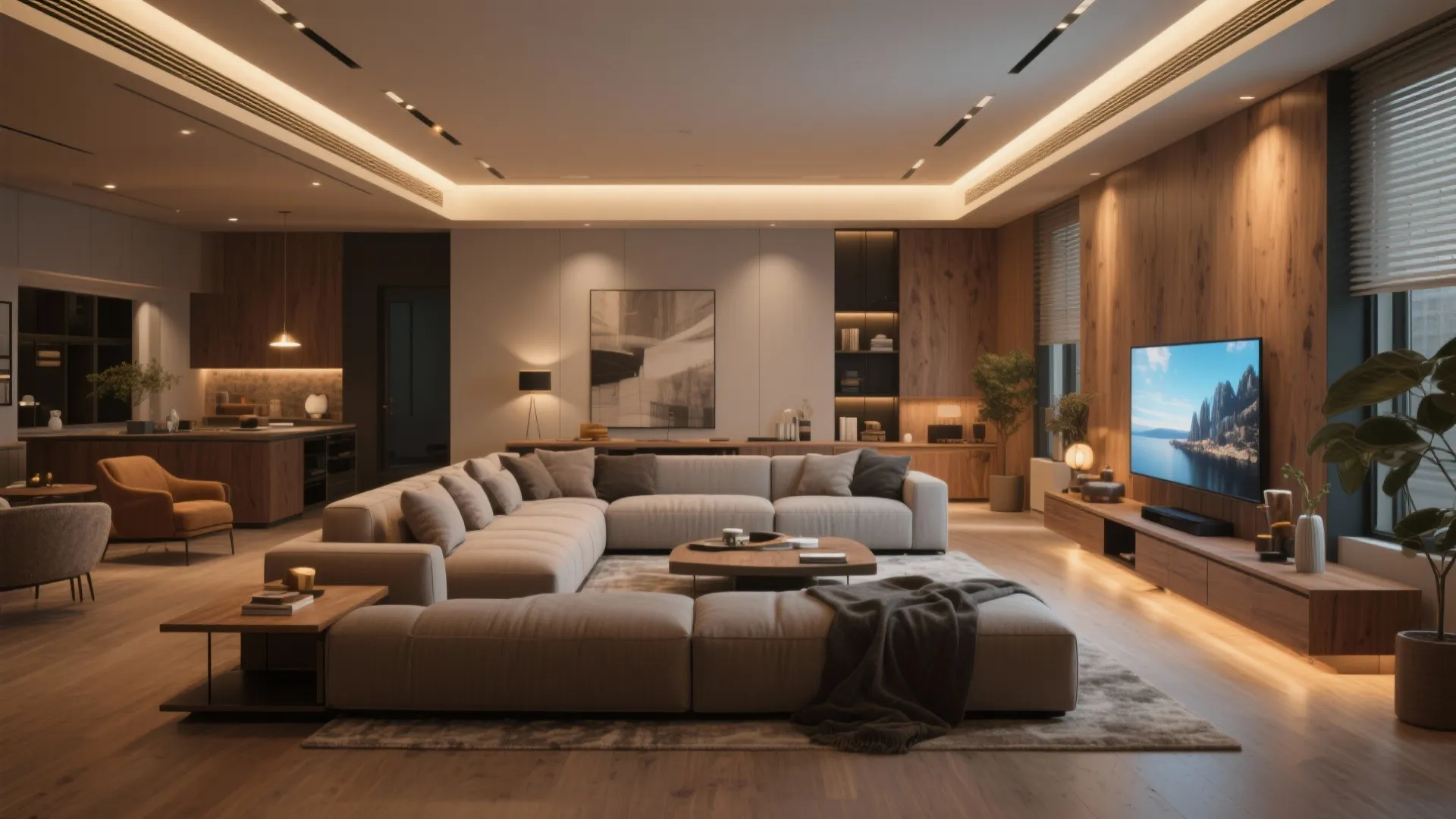 Rectangular living room with sectional sofa creating entertainment zone
