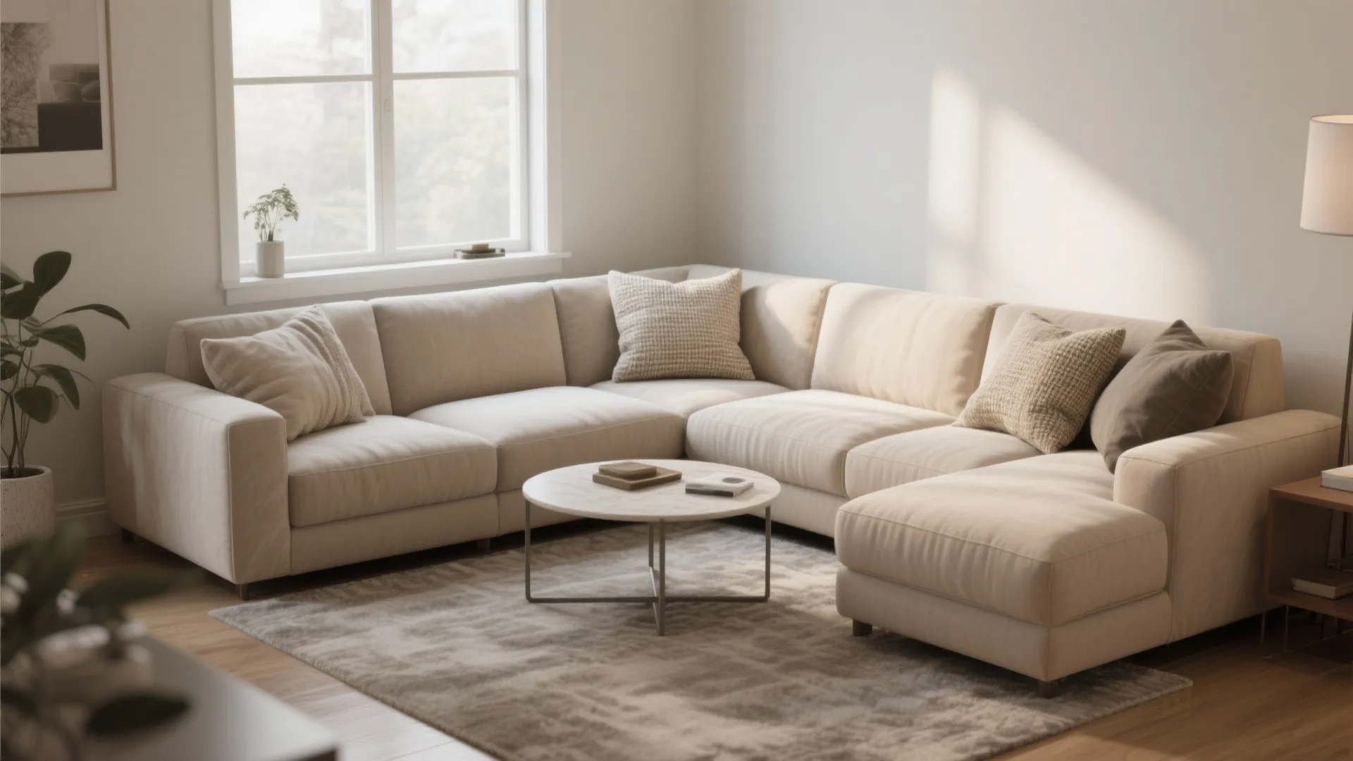 Cozy corner living room featuring cream sofa marble coffee table grey rug and window view