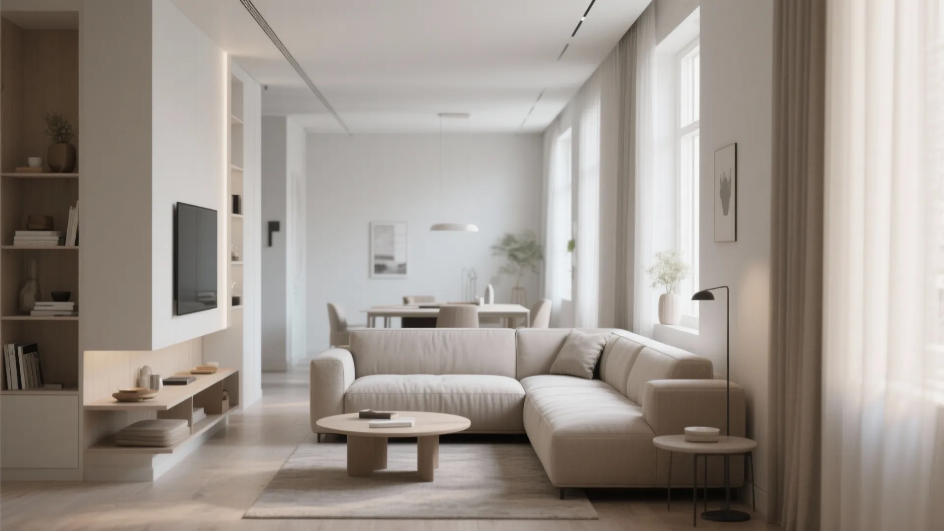 Spacious open plan living area featuring large beige sofa wall mounted television and wooden storage cabinet