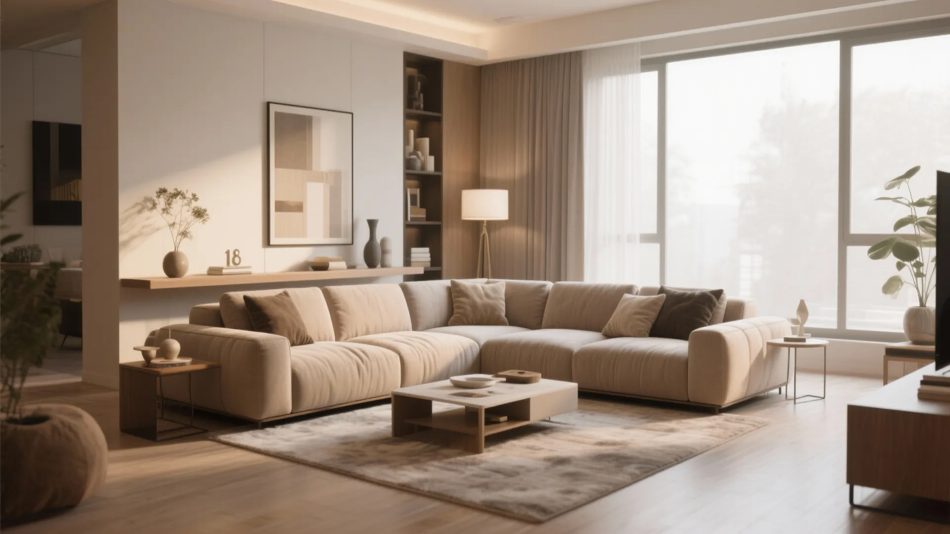 Modern living room featuring beige sectional sofa coffee table soft rug plant and large windows