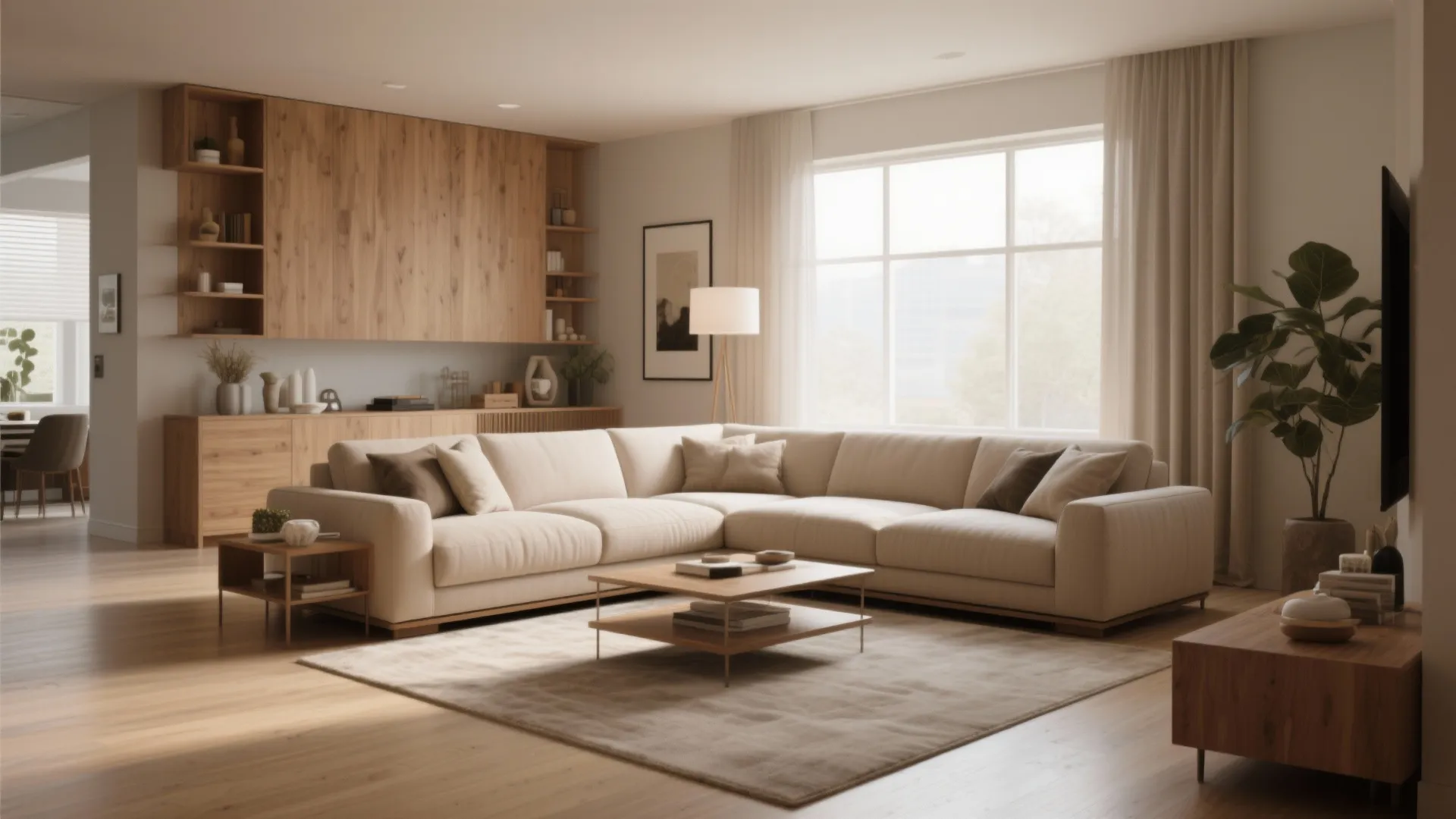 Modern living room with beige sectional sofa wooden cabinet large window light rug and green plant