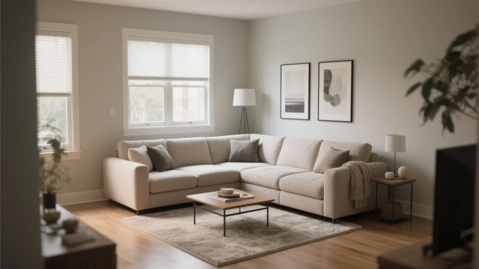 Modern living room featuring a large beige sofa wooden coffee table grey rug and windows