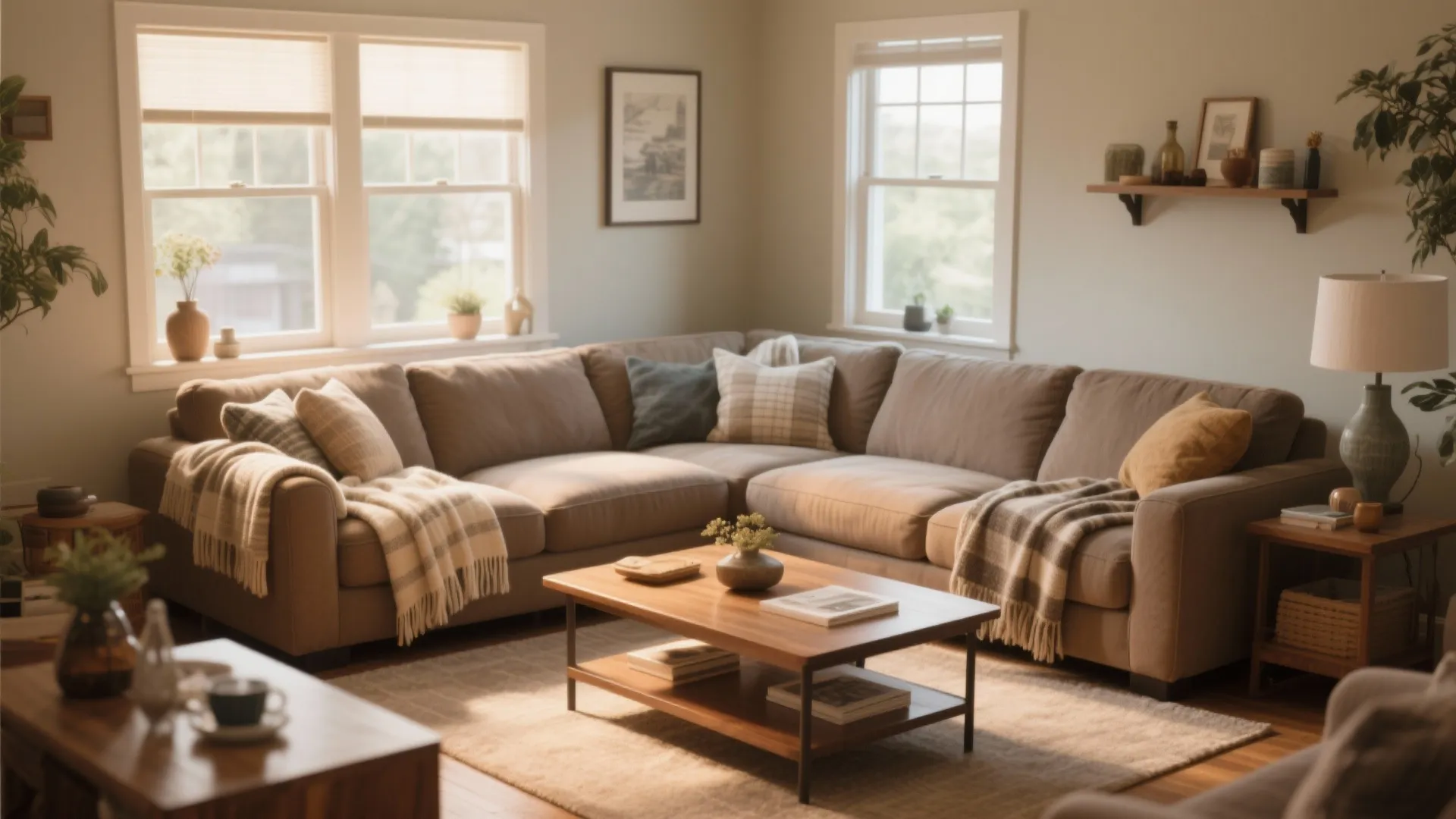 Large brown sectional sofa in a living room with wooden coffee table rug and windows