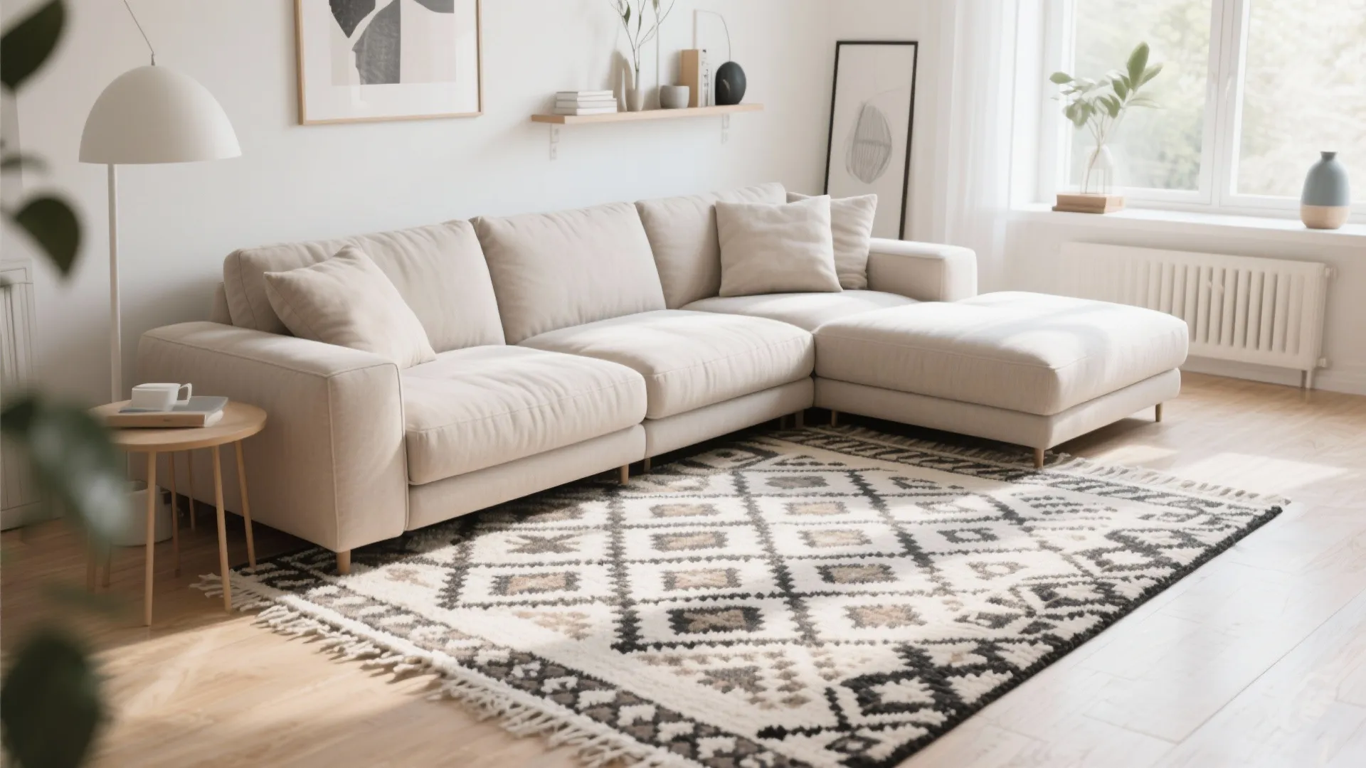 Modern bright living room with cream sofa patterned area rug wood floor and floor lamp