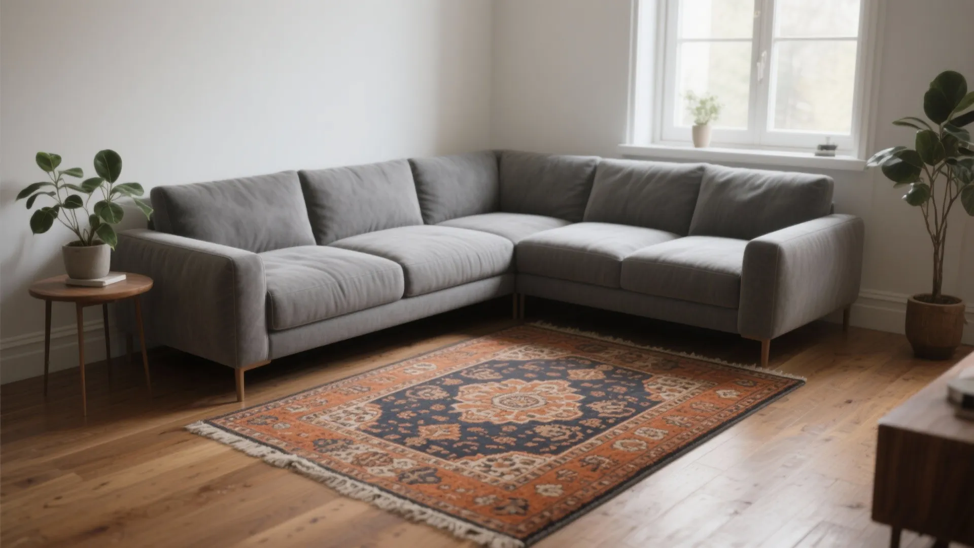 Modern grey sectional sofa on patterned rug with wooden floor and green potted indoor plants