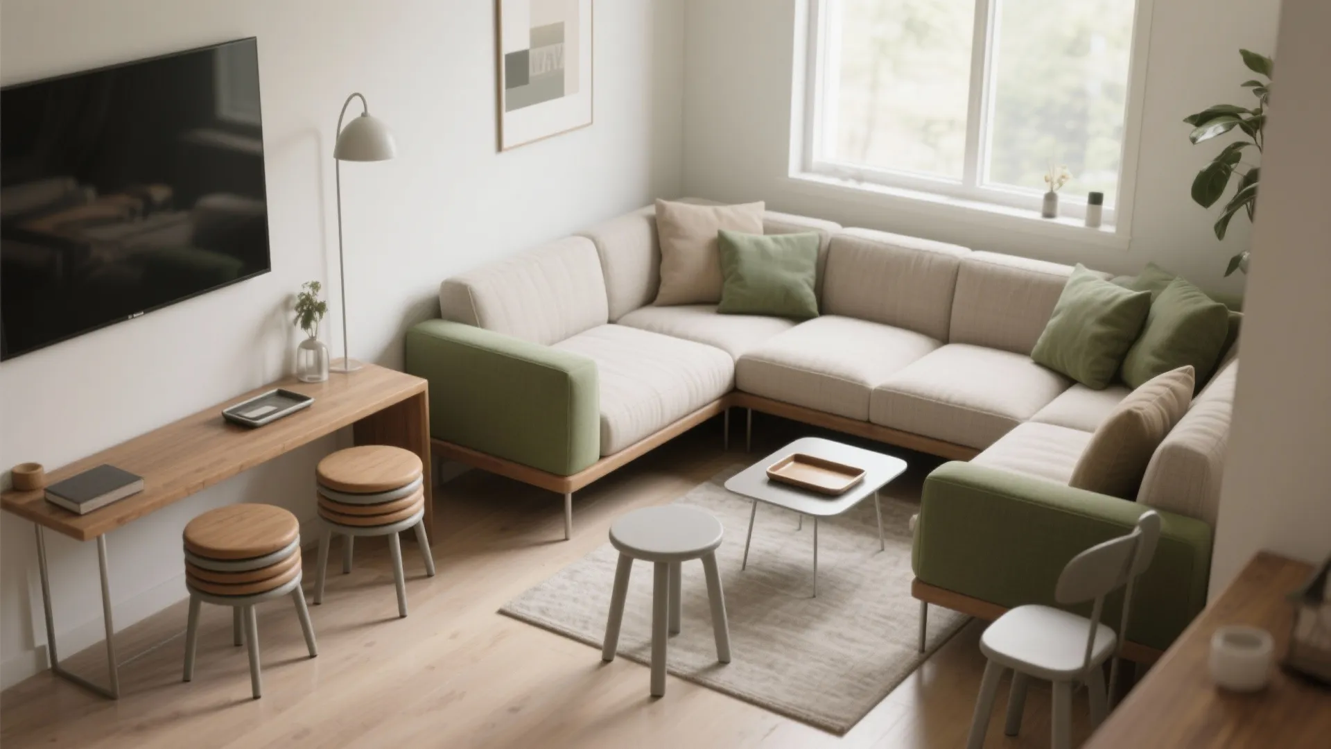 Small living room featuring a green corner sofa, wooden stools, coffee table, and television screen