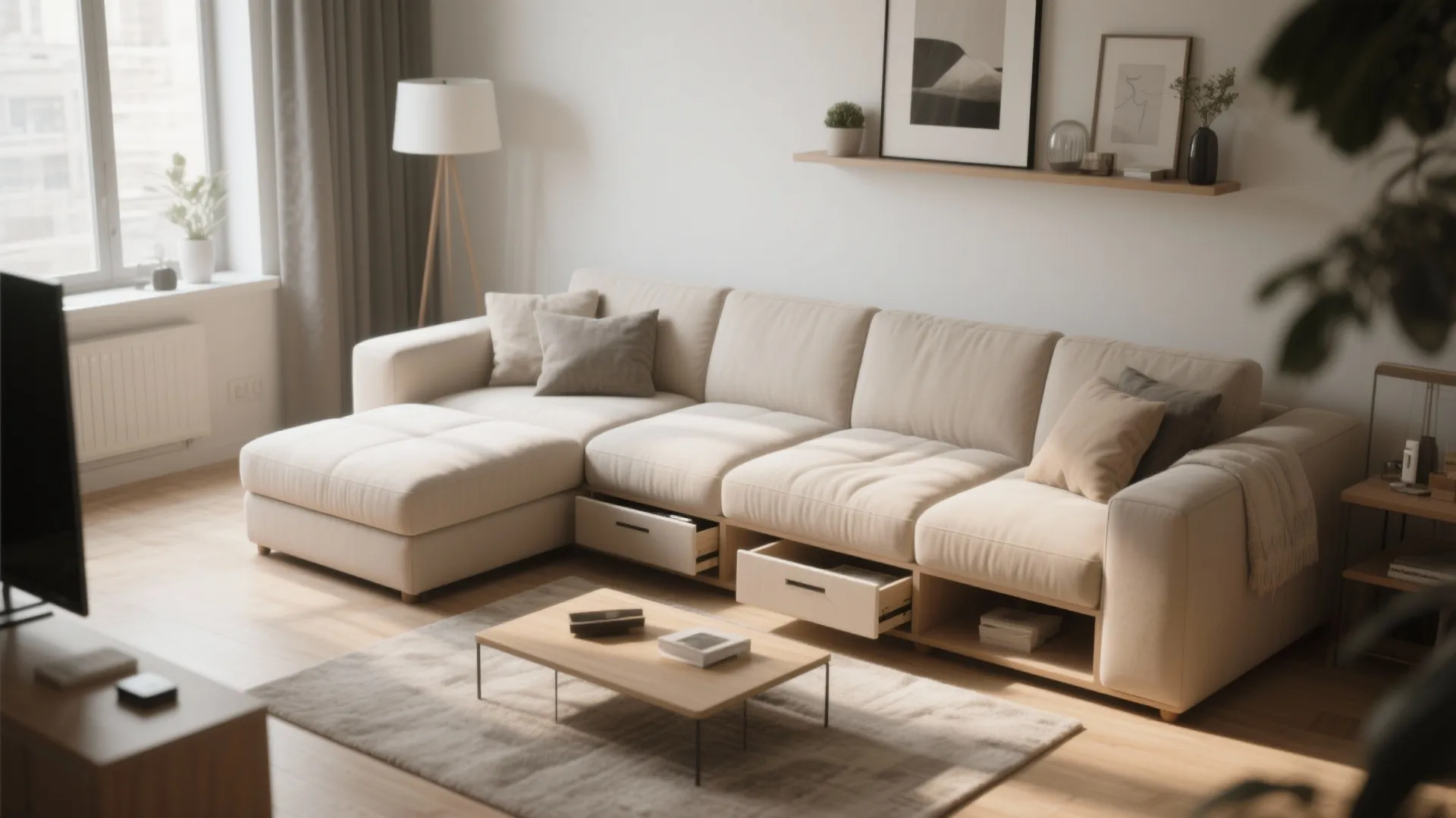 Modern cream sectional sofa with built-in storage drawers, wooden coffee table, and bright window light
