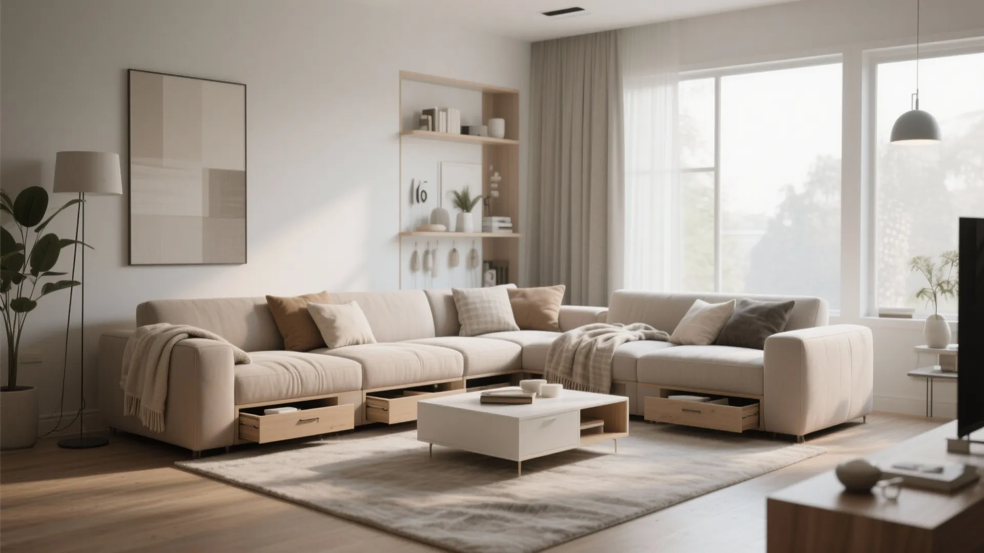 Modern cream sectional sofa with open wooden storage drawers under seat cushions in living room