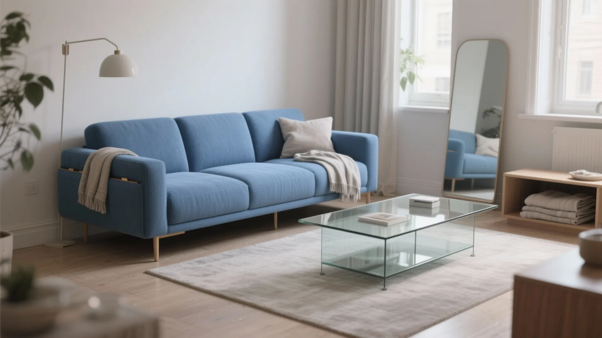 Blue sectional with under-chaise storage and raised legs in a compact living room.