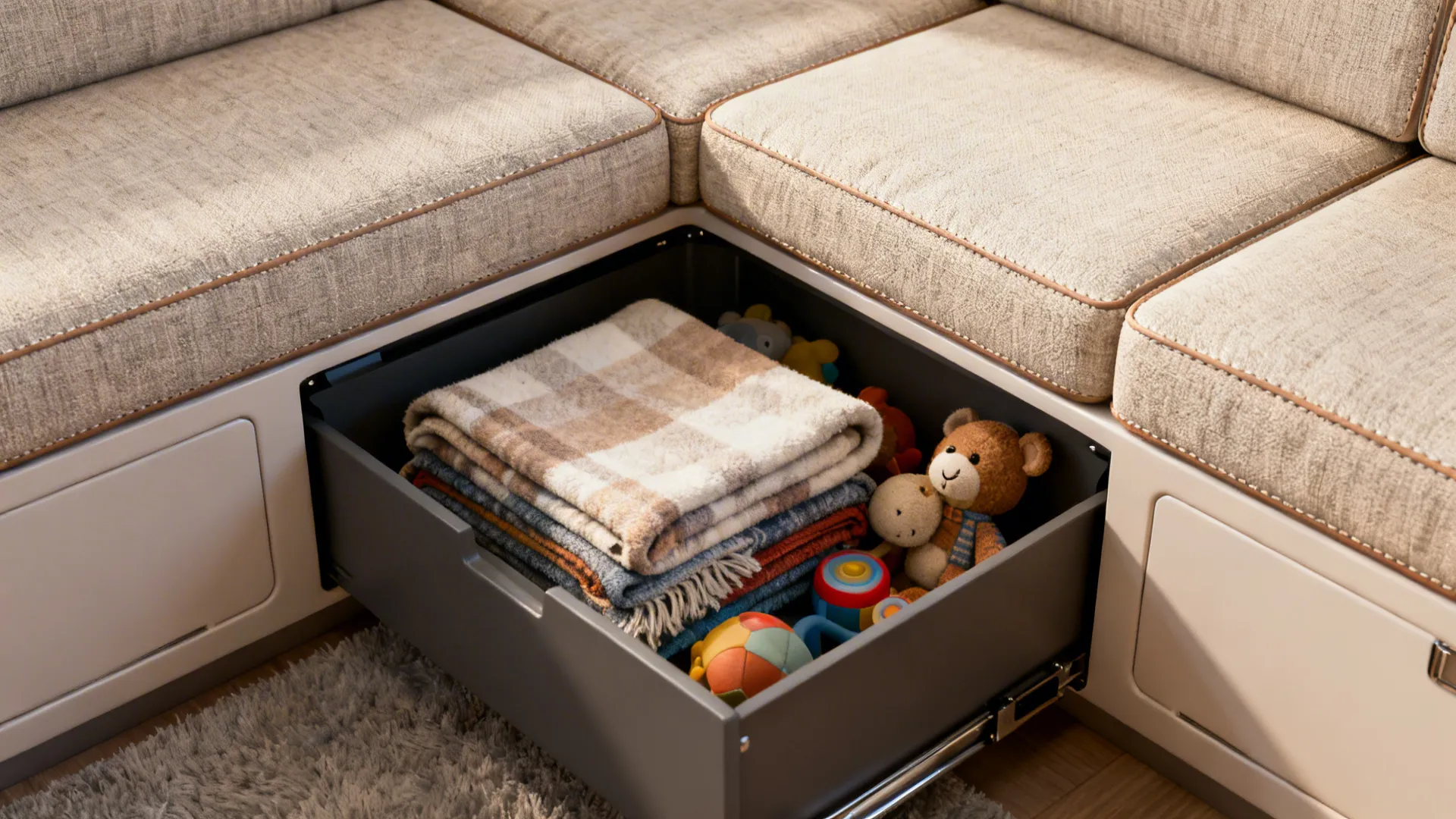 Close-up of an L-shaped sectional with open under-seat storage showing blankets