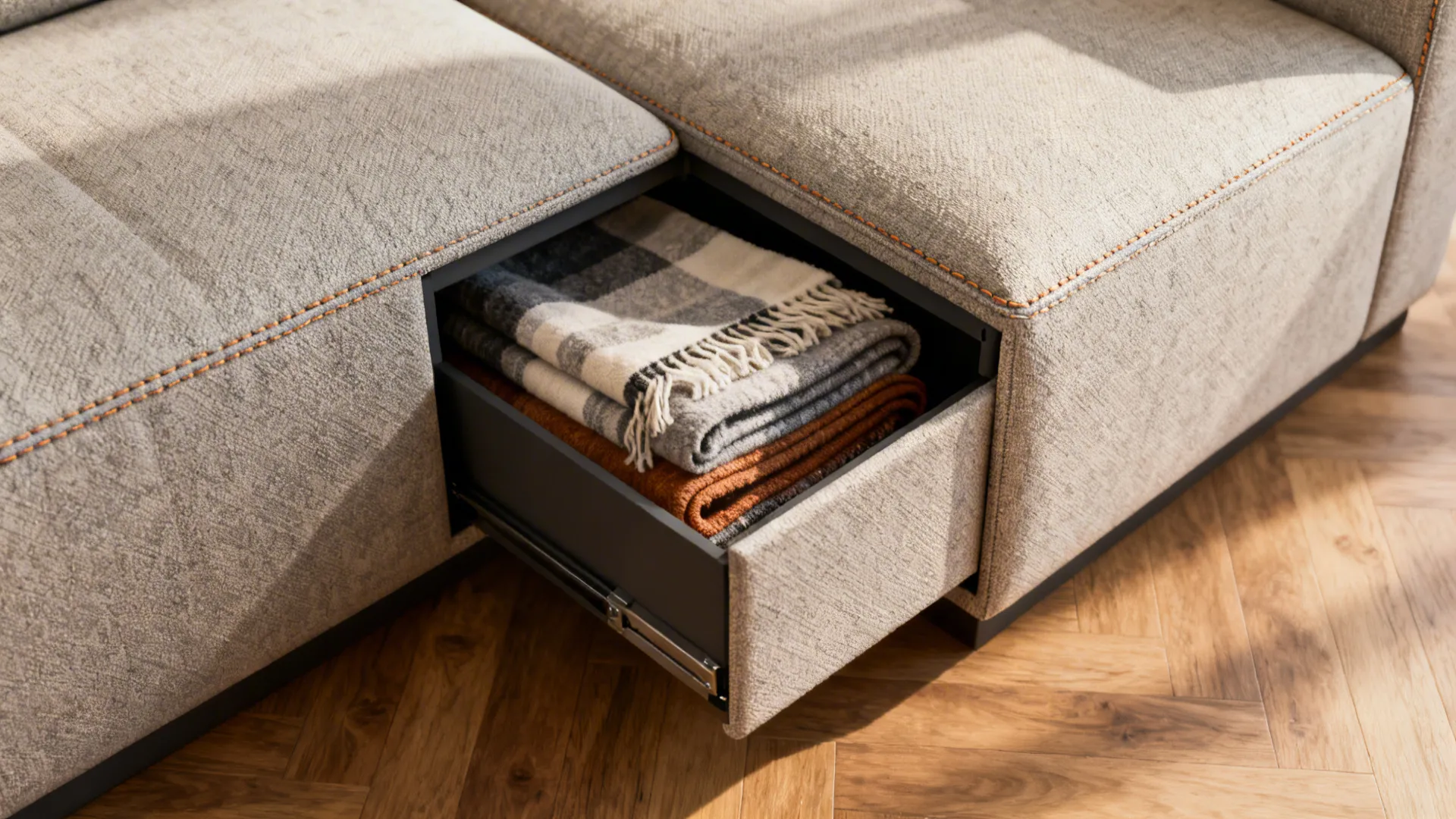 Compact sectional showing hidden storage with folded blankets and textured fabric detail.